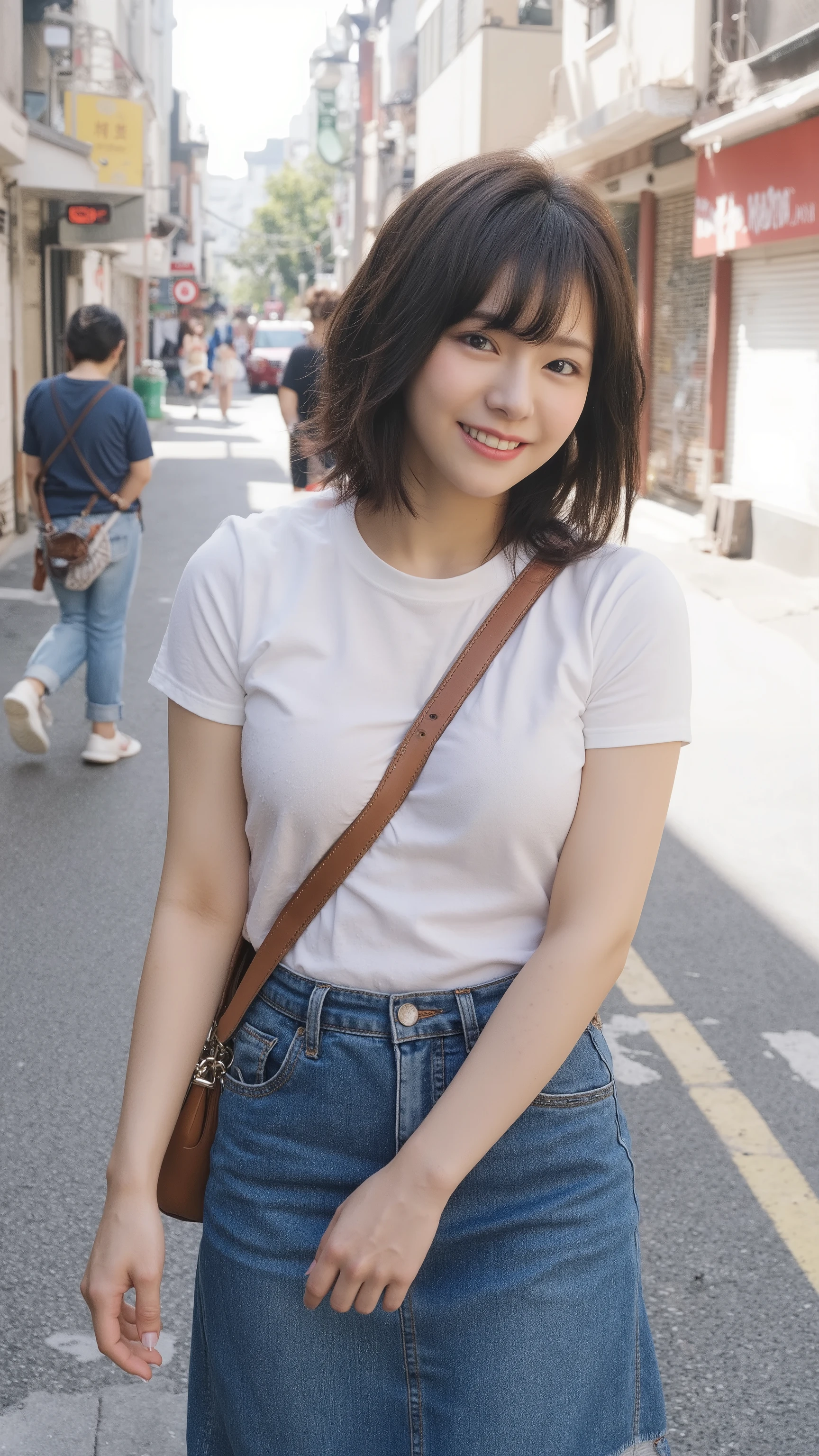 Smiling girl walking through a street corner in Tokyo where many people come and go。I'm wearing a white T-shirt and a tight denim mermaid-line long skirt、 sneakers similar to Oko 。 with beautiful short black hair and tanned skin is looking at me with an upturned gaze。I'm hanging my sports bag diagonally、Photorealistic image of the bag strap passing between the chest 、Large breasts are emphasized。Photorealistic image of the composition of the whole body seen from the side、(paisla)、(Big Breasts:1.3)、(Tight denim skirt:1.3)