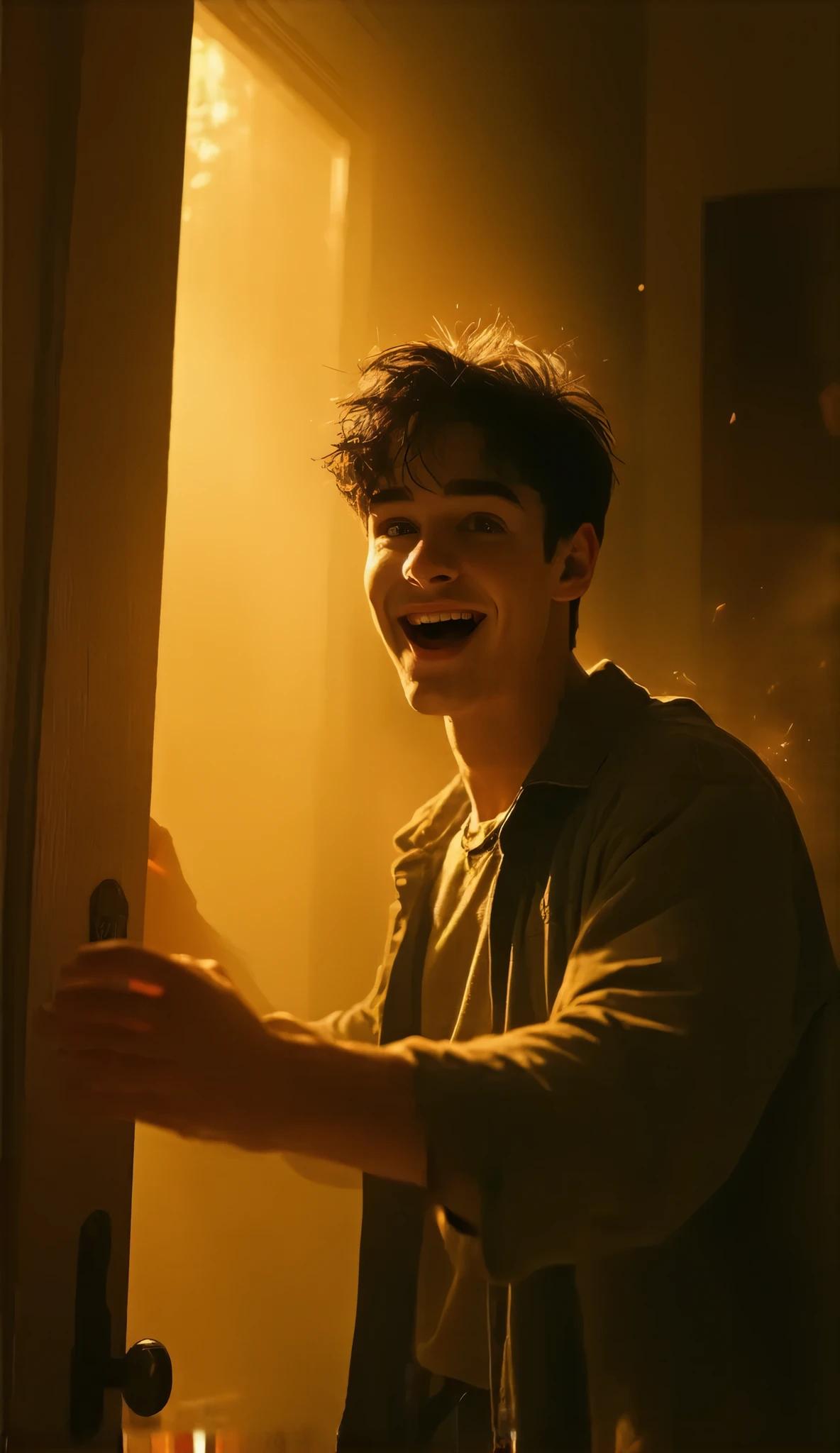 Highly detailed, ultra-realistic, 32k resolution, cinematic lighting, finely textured, intricate details, atmospheric depth, photo-realistic masterpiece, professional-grade composition. A close-up shot captures the moment a young man excitedly opens a door, his face lit with joy and surprise. The warm glow of interior lighting spills into the dimly lit hallway, creating a dramatic contrast. His eyes are wide, his mouth slightly open in amazement, and his body leans slightly forward as if welcoming an unexpected but delightful visitor. The door frame is sturdy and wooden, with subtle textures and a slightly aged finish. The background remains softly blurred, hinting at a cozy, inviting space beyond. Dust particles dance in the air, illuminated by the golden light. The scene exudes warmth, excitement, and anticipation, making the viewer feel as if they are the one being welcomed.

