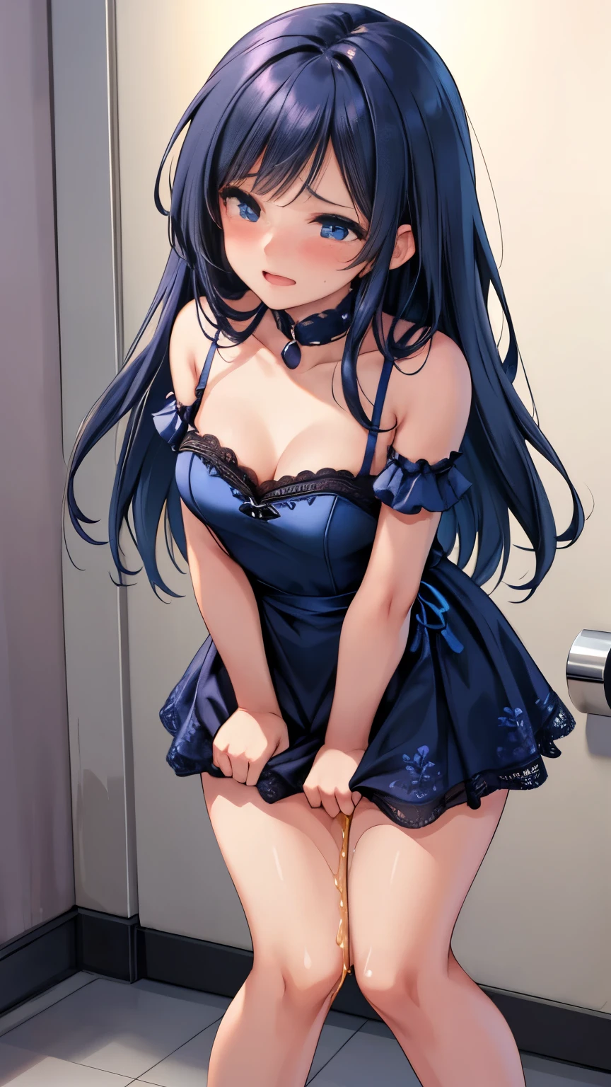<lora:new-test3-epoch-000230:1>, 1girl, solo, kneeling, peeing, pussy, peeing in container, bucket, sundress, dress lift, relief, closed eyes, parted lips, torogao, indoors, medium breasts