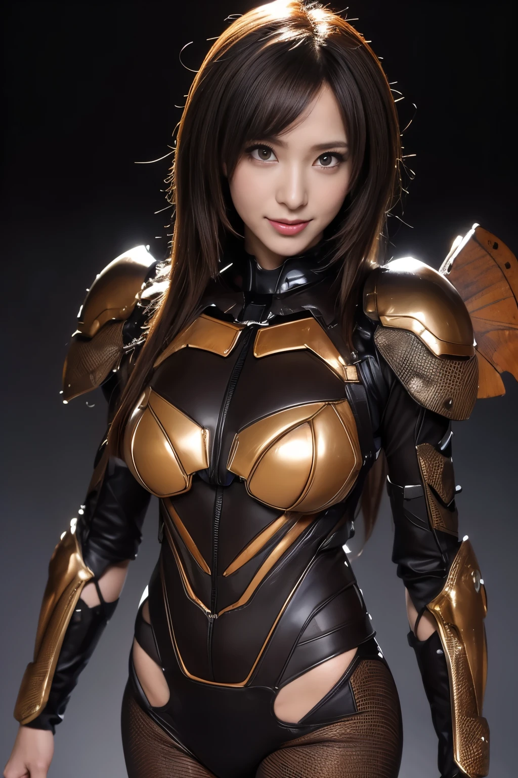 (high resolution,masterpiece,best quality,extremely detailed CG, anime, official art:1.4), realistic, photo, amazing fine details, all intricate, gloss and shiny,awesome many layers, 8k wall paper, 3d, sketch, kawaii, illustration,( solo:1.4), perfect female proportion,villainess, (fusion of queen bee and lady:1.4), (queen bee form lady:1.2), (queen bee lady:1.2), (fusion:1.2), (solo:1.4), (evil smile:1.2), muscular, abs, (queen bee exoskeleton bio insect suit:1.4), (cockroach brown exoskeleton bio insect armor:1.2), (brown transparency queen bee wing:1.4), (brown queen bee antennae:1.3),