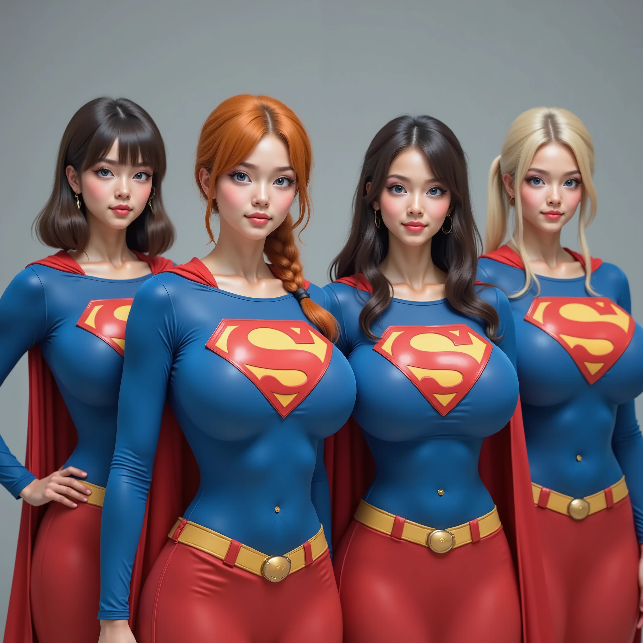4 ADULT YOUNG CATHOLIC BLUE EYED BABES. ONE KOREAN WITH BRUNETTE HAIR, ONE CHINESE WITH ORANGE/RED BRAIDED HAIR, ONE CHINESE WITH BLACK HAIR PIG TAILS, ONE AMERICAN WITH BLONDE HAIR IN A PONY TAIL. ALL WITH BLUE EYES. real photograph, 4 young looking incredibly busty MATURE girls with young innocent frightened faces, sexy bodies, and large heavy plump breasts, , deep cleavage, pouty expressions. ALL WEARING A IDENTICAL 1980 BLUE SUPERMAN SUIT WITH LARGE "S" EMBLEMS, WITH YELLOW SUPERMAN BELT AND LONG RED CAPE WITH GOLD EDGING. PROUDLY WEARING THE "S" ON THEIR CHESTS., Smile, High Resolution, Detail, High Details, Super Detailed, Textured Skin, Retina, High Quality,