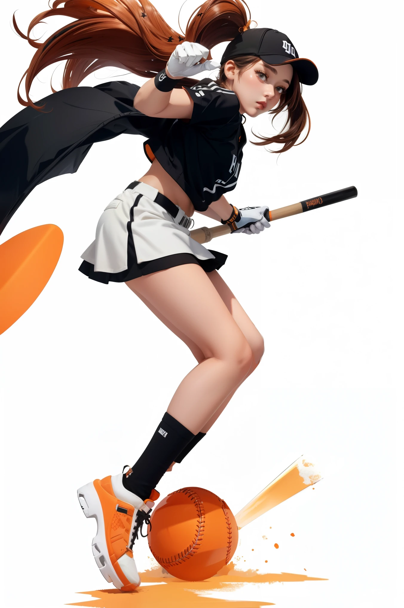 1girl, white background, single glove, black skirt, white baseball jersey, cap with horns, orange baseball bat, full body,