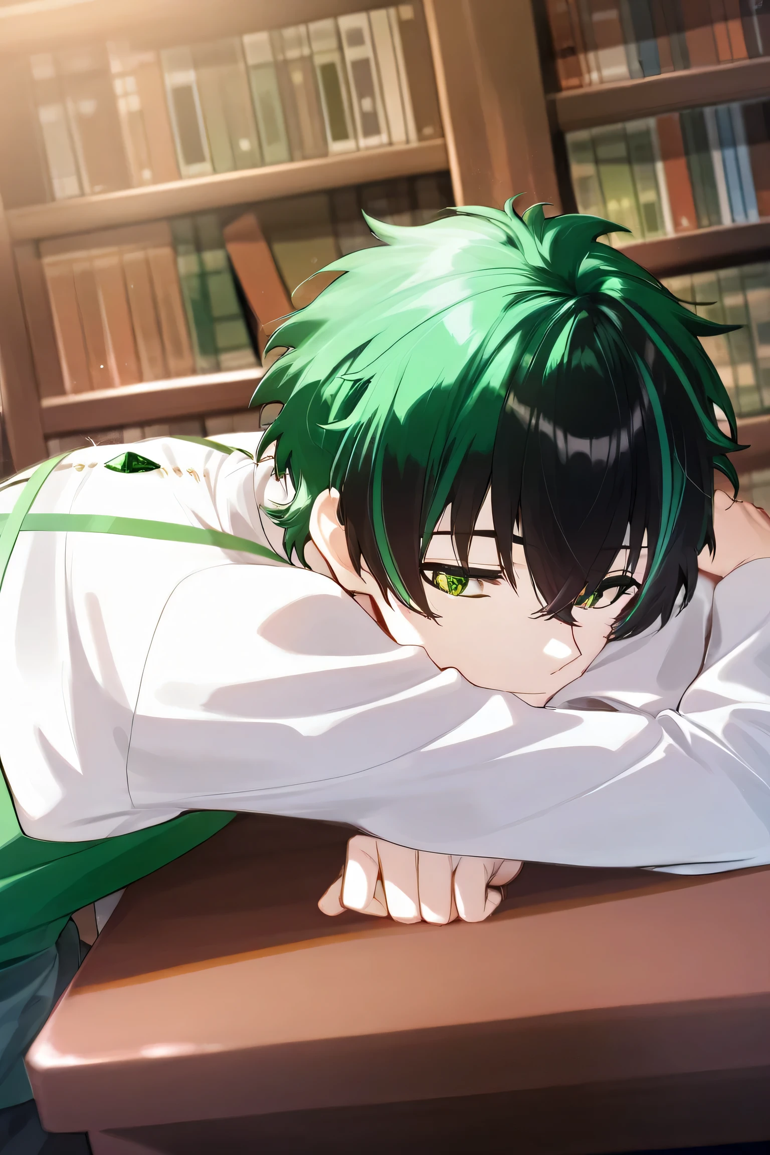 1 man,Short hair on the back, tied,Black highlights, green on the ends of the hair on the back,Sparkling emerald green eyes, wearing a white long-sleeved shirt,Sit down to read a book at the table.,In the library
