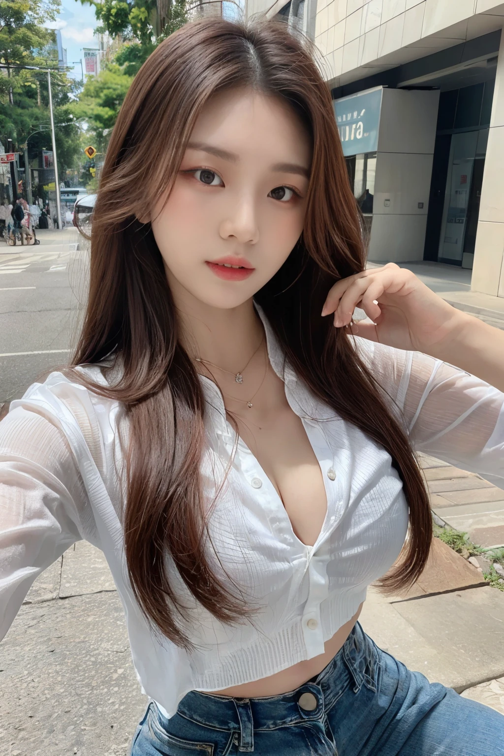 ((Best quality, 8k, Masterpiece :1.3)), Sharp focus :1.2, A pretty woman with perfect figure :1.4, Slender abs :1.2, ((Dark brown hair, Big breasts :1.2)), (White button up long shirt :1.1), City street:1.2, Highly detailed face and skin texture, Detailed eyes, Double eyelid