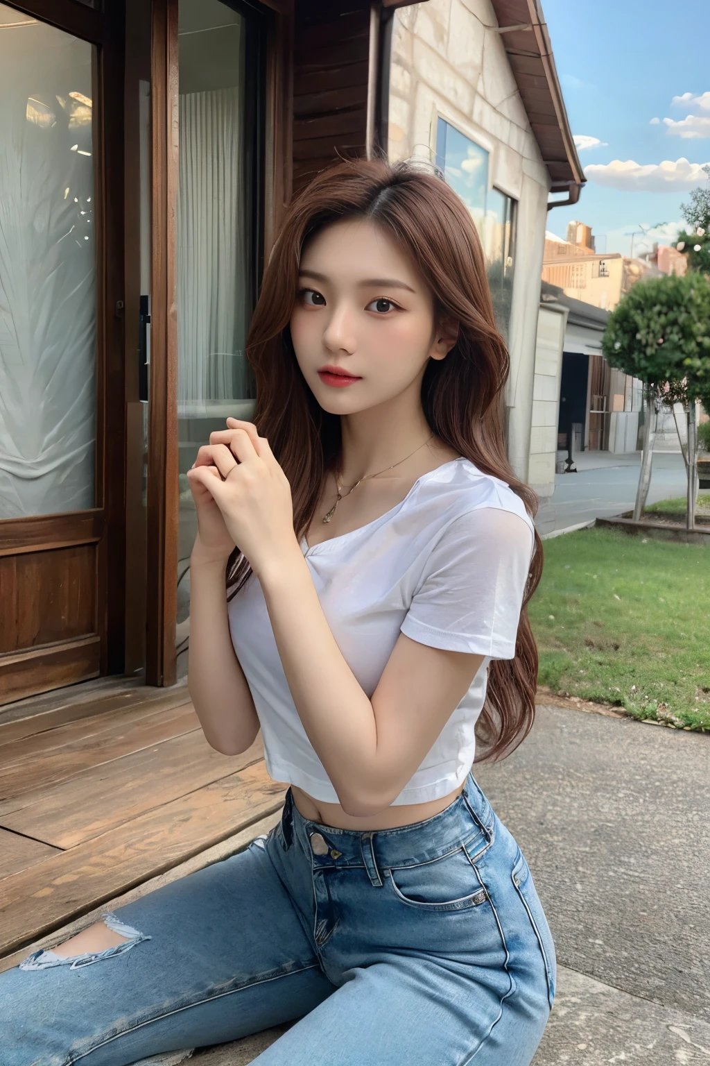 ((Masterpiece, high quality, best quality, ultra detailed, RAW Photo, 4k)), 1 girl, Asian girl, sensual and sweet woman, long wavy hair, brown red hair, perfect eyes, perfect face, delicate face, perfect eyelids, pale skin, (open white shirt, blue jeans pants), exposed lower abdomen, perfect hands, perfect fingers, outdoor, crowded people, (wearing necklace)