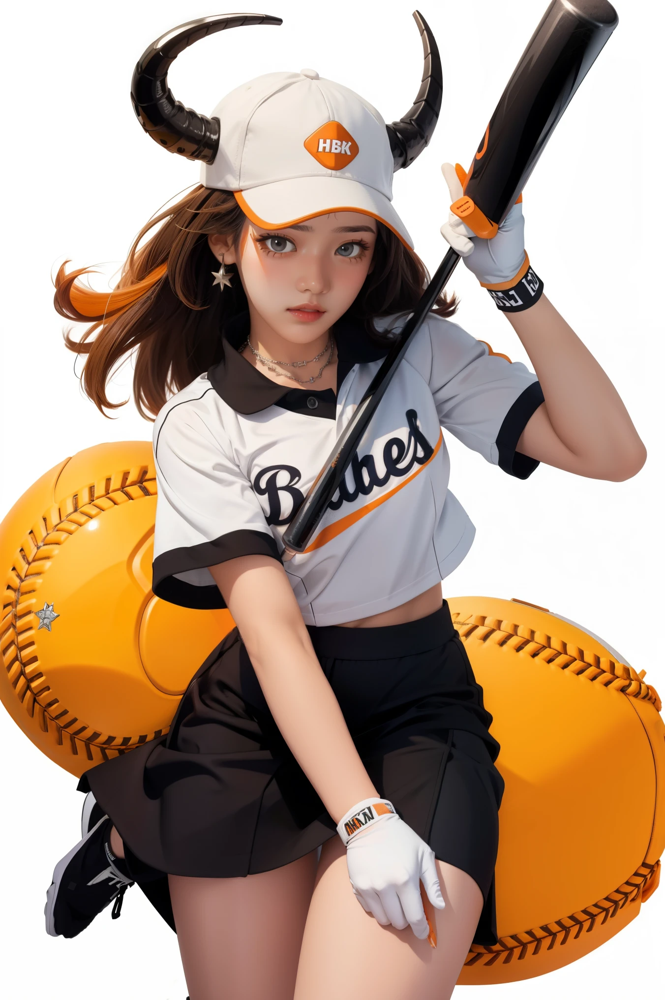 1girl, white background, single glove, black skirt, white baseball jersey, cap with horns, orange baseball bat, full body,