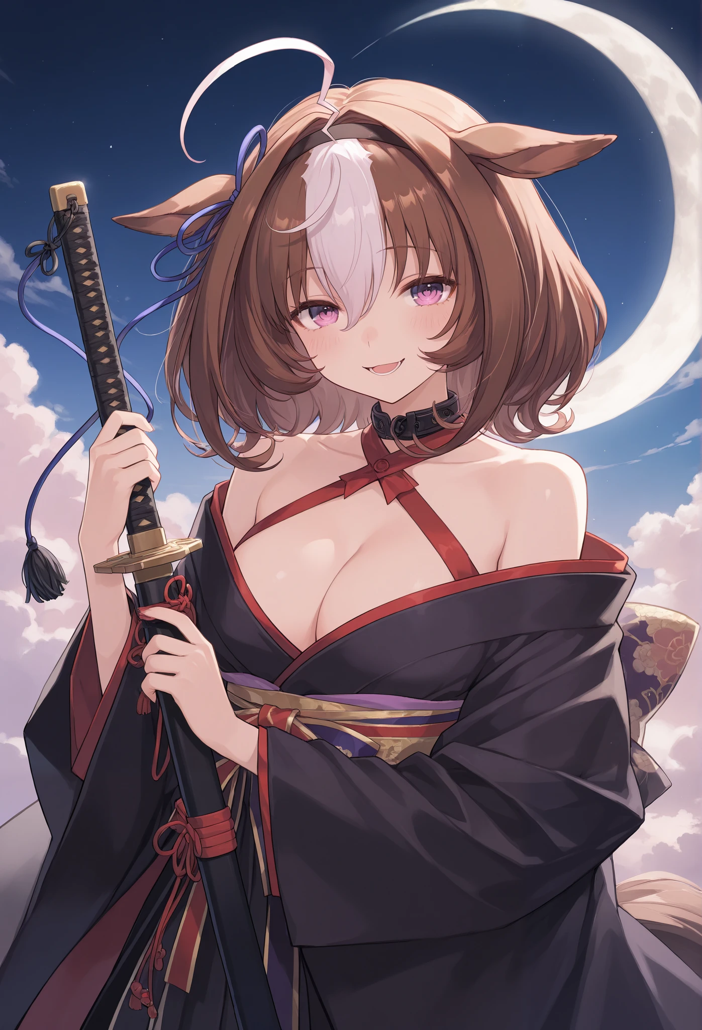 {{{Racecourse:1.6}}} {{{ 【 focusing on the upper body :1.5}}},( high resolution),( high resolution), (unity 8k wallpaper),( detailed image ), {{{Type Moon :1.7}}},((draw:1.5)), meisho doto\( Uma Musume\) ,{right },{ seductive smile } \( Uma Musume\),
,{{{{ off shoulder top}}},{{{ Crazy Smile :1.6}}},{{{Demon King :1.6}}}},{{ heavy cloak with collar }}},{{{ kimono:1.8}}}:{{{ 悪魔の角 :1.7}}},{{{ big Japanese sword}}},{Onigashima},{ Crescent Moon and Clouds },{ cleavage } 「 Warrior attacking with a Japanese sword 」
「 Attack by raising a sword 」
{Hold up a sword samurai}
「 Ninja who kills with a sharp sword 」