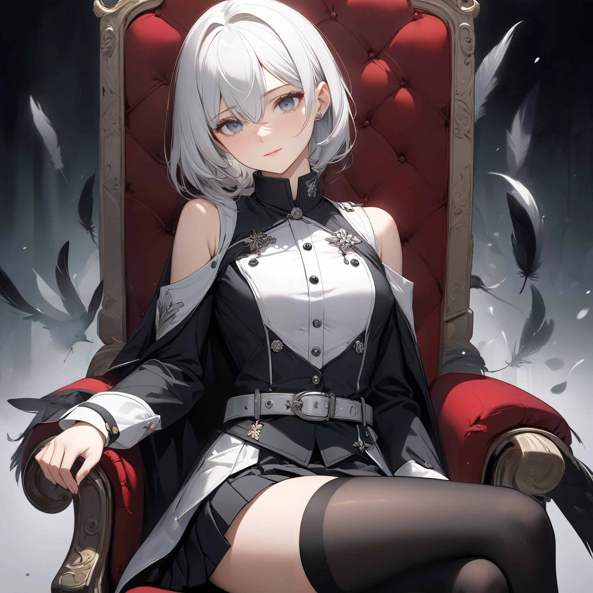1 Girl, Mature, Solo , Big Chest, Blue Eyes, , Hair accessories, White Bob Hair, Silver Hair, Bang, hair between eyes, military uniform, black dress, cape, white gloves, pantyhose, high heel boots , Aircraft Carrier, Battlefield, ((Best quality)), ((masterpiece)), 3D, HDR (High Dynamic Range),Ray Tracing, NVIDIA RTX, Super-Resolution, Unreal 5,Subsurface scattering, PBR Texturing, Post-processing, Anisotropic Filtering, Depth-of-field, Maximum clarity and sharpness, Multi-layered textures, Albedo and Specular maps, Surface shading, Accurate simulation of light-material interaction, Perfect proportions, Octane Render, Two-tone lighting, Wide aperture, Low ISO, White balance, Rule of thirds,8K RAW, Aura, masterpiece, best quality, Mysterious expression, magical effects like sparkles or energy, flowing robes or enchanting attire, mechanic creatures or mystical background, rim lighting, side lighting, cinematic light, ultra high res, 8k uhd, film grain, best shadow, delicate, RAW, light particles, detailed skin texture, detailed cloth texture, beautiful face, (masterpiece), best quality, expressive eyes, perfect face,nikkeredhood,hair over one eye,marian,griseo,momo_burlesque