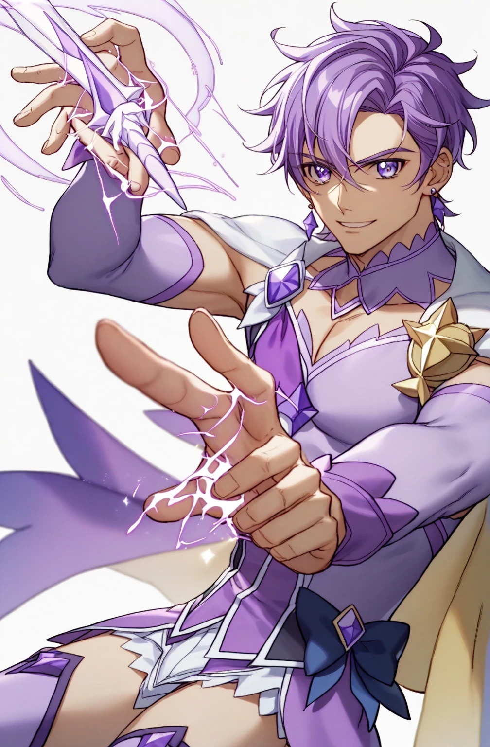 score 9 、score 8 up、score 7 up、source anime、 Masterpiece、 top quality、 high resolution、 highly detailed face、 very detailed eyes、 highly detailed hands 、 very detailed fingers、anime coloring、1boy 、Cure Sword、(male:1.55)、close-up of a boy cartoon character with purple hair、Alone、portrait of Magic Boy、 Boy in a White and Purple Dress 、Long Legged 、Heavenly Aura、Lightning Aura、 White and Purple Miniskirt 、 purple arm warmers、purple detached sleeves、purple waist bow、Bare legs、Bare thighs、 purple thigh-high boots 、 Symphogear Flavor 、 Boy with Short Light Purple Hair 、 Prince of Amethysts 、 Official Character Art 、style of Magic Boy、Magic Boy、 Anime Boy 、 Official Art、 high resolution、Cure Sword costume、sparkling Magic Boy、(manly:1.55)、With Sparkling Purple Eyes 、perfect body、perfect hands、perfect arms、perfect legs、 male focus、looking at viewer、Alone focus、 cowboy shot、(male body:1.55)、beefcake style、