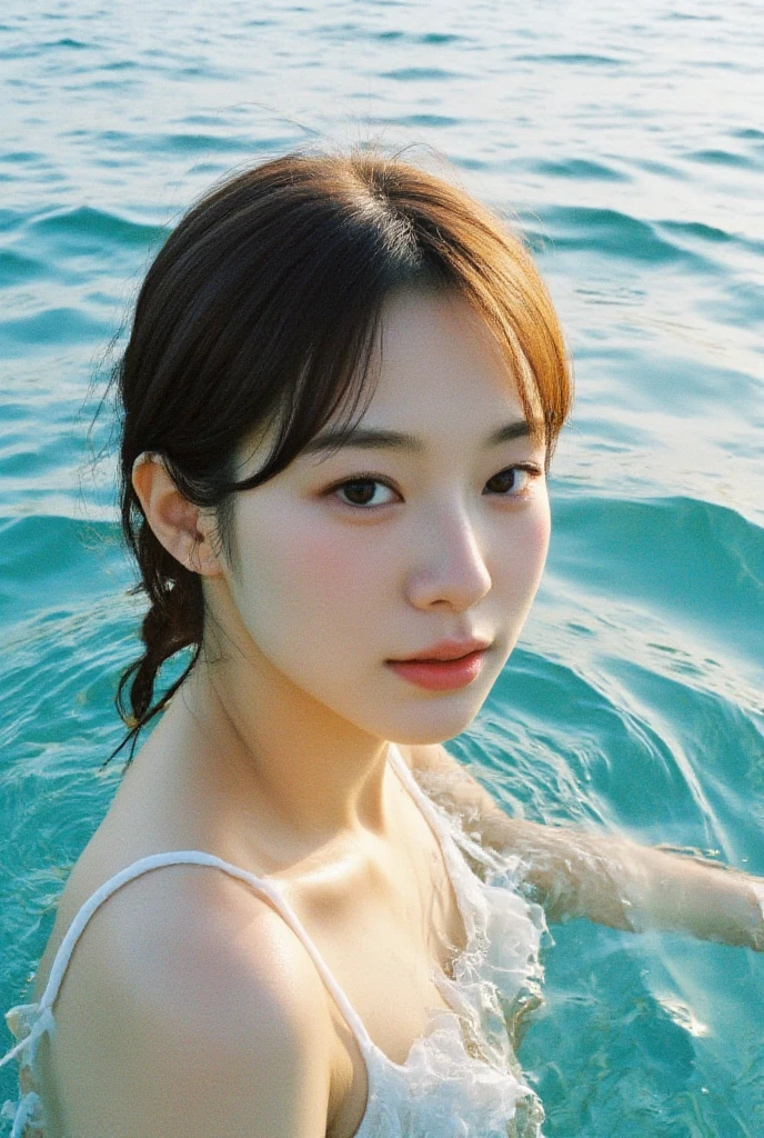 Summer Girl，Dopamine 30s， Cool summer days，ice cube，Watery Girl，Delicate skin，Hydration，Shiny，Shiny，dream，Front view，bust，Pearl，No background