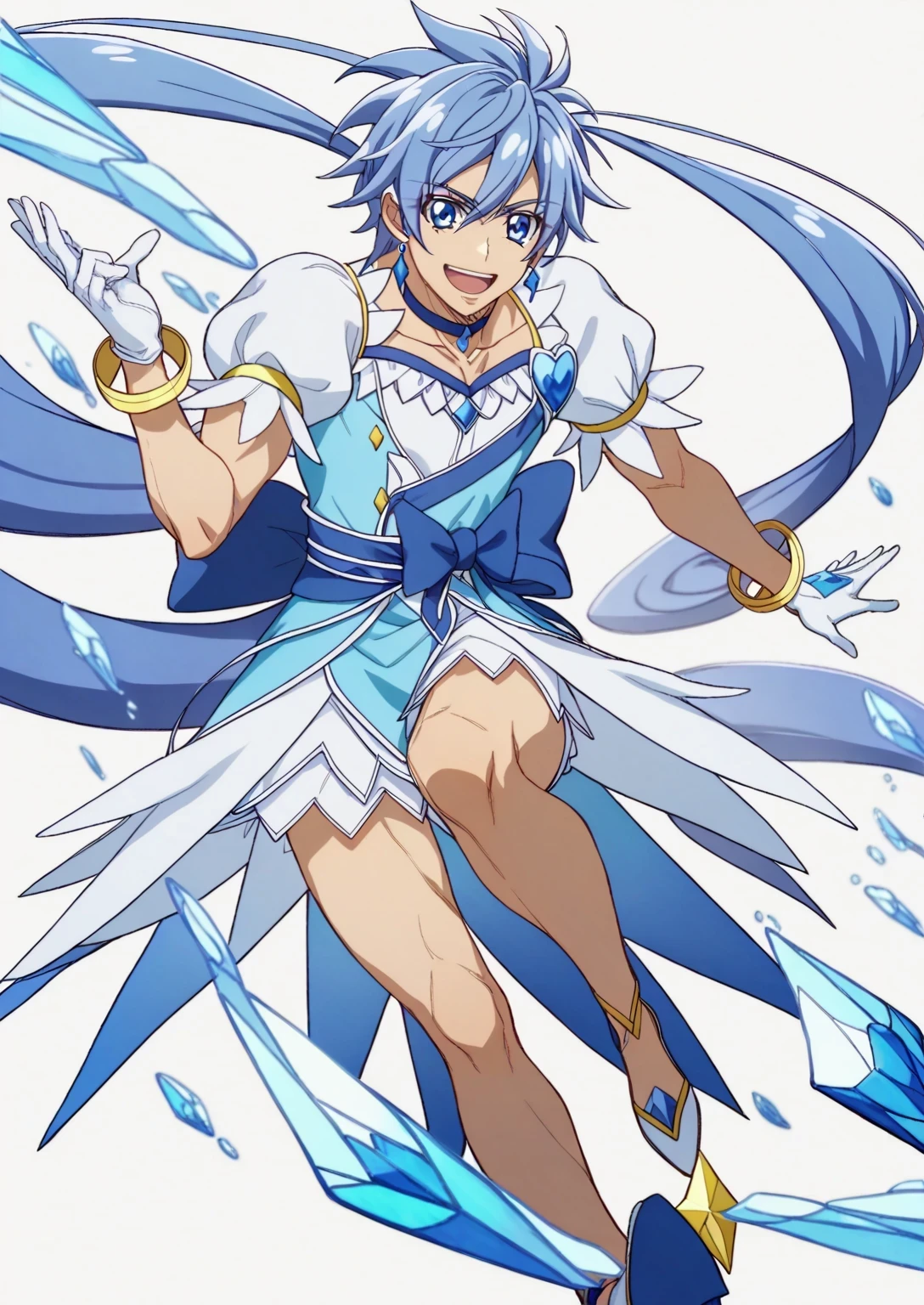 score 9 、score 8 up、score 7 up、source anime、 Masterpiece、 top quality、 high resolution、 highly detailed face、 very detailed eyes、 highly detailed hands 、 very detailed fingers、anime coloring、1boy 、cure diamond、(male:1.55)、Close up of a blue-haired boy cartoon character、Alone、portrait of Magic Boy、 Boy in a White and Blue Dress 、Long Legged 、Heavenly Aura、Ice Aura、White and blue mini skirt、white puffy sleeves、white gloves、yellow bracelet 、blue waist bow、Bare legs、Bare thighs、 white high heels、 Symphogear Flavor 、 Long Dark Blue Haired Boy 、 Prince of Sapphire 、 Official Character Art 、style of Magic Boy、Magic Boy、 Anime Boy 、 Official Art、 high resolution、cure diamond costume、sparkling Magic Boy、(manly:1.55)、 With Shining Blue Eyes 、perfect body、perfect hands、perfect arms、perfect legs、 male focus、looking at viewer、Alone focus、 Cowboy Shots、(male body:1.55)、beefcake style、