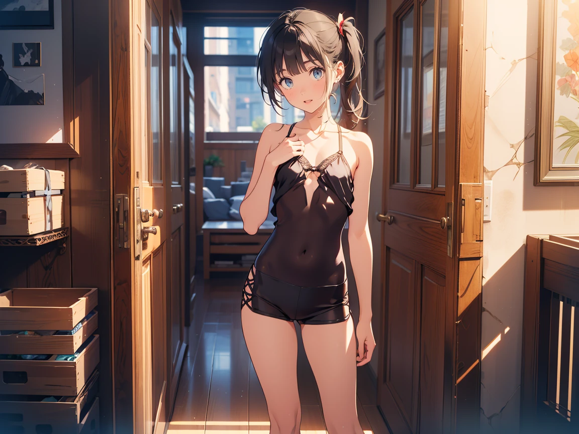 A 27-year-old female office worker enjoys her holiday at the indoor pool.、dark brownの髪色でロングボブヘアーです、Full cup swimsuit top made of navy blue fabric、The swimsuit top is covered with white cloth to hide the lower half of the cleavage.、Navy blue swimsuit panties with ribbons on the sides、A white, transparent cloth is wrapped around the waist to form a skirt so that the panty line is visible.、wrap skirt、The ceiling and walls are made of glass、You can see the night sky outside the glass、It's late night now、High quality starry sky、high resolution images