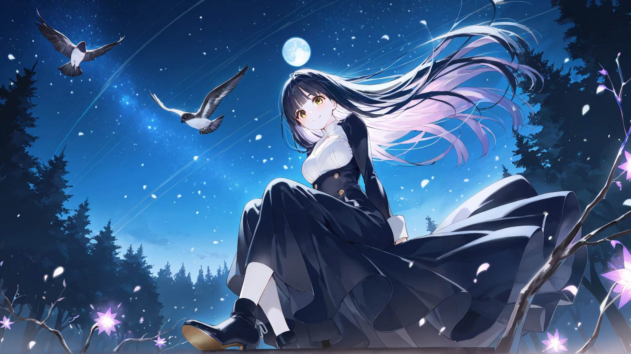  score_9,  score_8_ up the side,  score_7_ up the side,  source_Anime,
 surreal, 
1人の girl, kpop idol,   very long hair,  floating hair ,Glowing Hair, 
  night view,Moon in the Sky, purple fuse,Starry Night,  in the woods、 dreamy atmosphere  ,Shining Edges, mystical , high contrast,Ethereal Light, tree branch in clear glass, light particles ,One personの girlが立っている、(  masterpiece,   ultra detail ,   clear focus , shadow,   ultra high resolution , 8k,   perfect anatomy,  Perfect Face , (  detailed face ), (  detailed eyes  )、I have highlights in my eyes、Best Quality、, girl、I'm wearing shoes that look like black heeled boots、blunt bangs, no stray hair、 black hair 、 with long hair 、double eyelids、 yellow eyes、Good-looking woman with white skin、One person、Around 24 years old、 is smiling、F cup breasts、About 170 cm tall 、 with just the right amount of flesh 、Beautiful, shiny hair、She is wearing a black tight long dress、a necklaceを身に着けている、noon、Forest of Sunlight filtering through the trees、 in the woodsで優雅に立っている、 bird view 、Overhead camera work、 angle of view from the front 、 portrait 