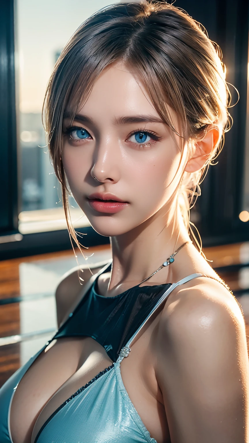 1girl,(white tank top,black short),blonde hair,twintail hair,blue eyes,sitting a roof,night, detailed face, detailed eyes, huge breasts,bare breast, shiny skin, looking at the audience, (8k, RAW photo, best quality, masterpiece: 1.2), (realistic, realistic: 1.37), ultra-high resolution