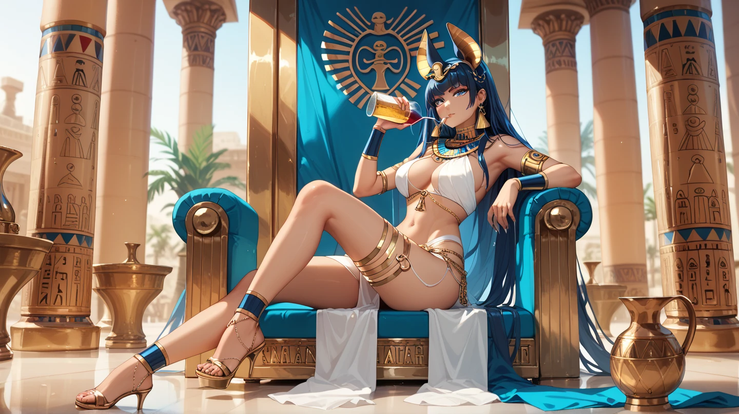 Sexy leona heidern, blue eyes, long hair, dark blue hair , wearing a very sexy white Egyptian outfit, Egyptian tattoos, Egyptian jewelry, In the throne room of a pharaoh, Drinking wine from a golden cup, full body,