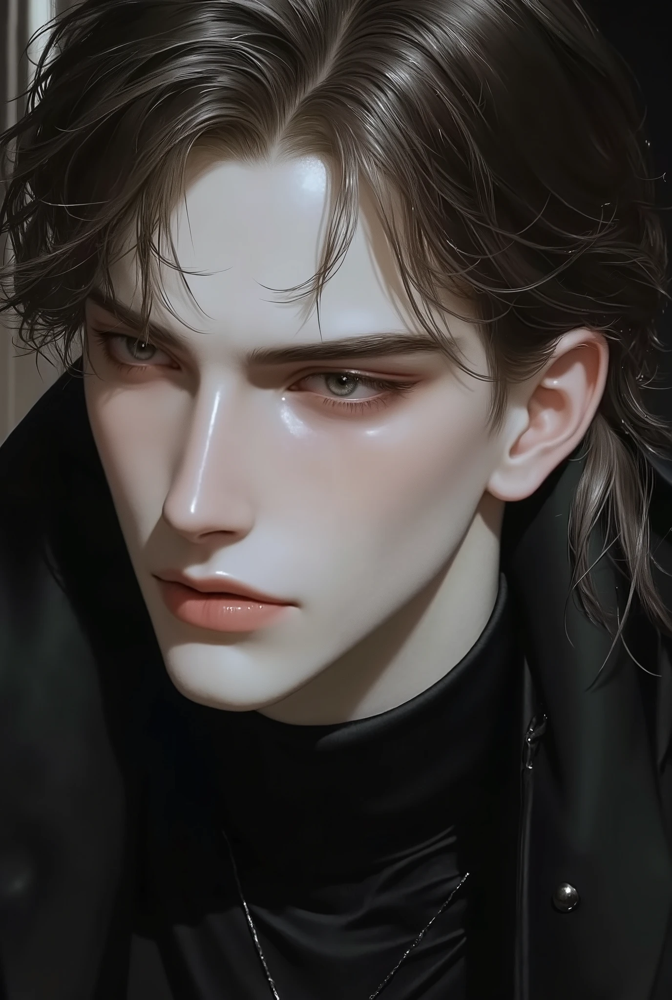 Boy, shoulder-length dark blonde hair, dark blue eyes, sharp features, white skin, shiny light pink lips, very handsome, perfect, wearing a black neck sweater, formal jacket, high resolution, clear colors.