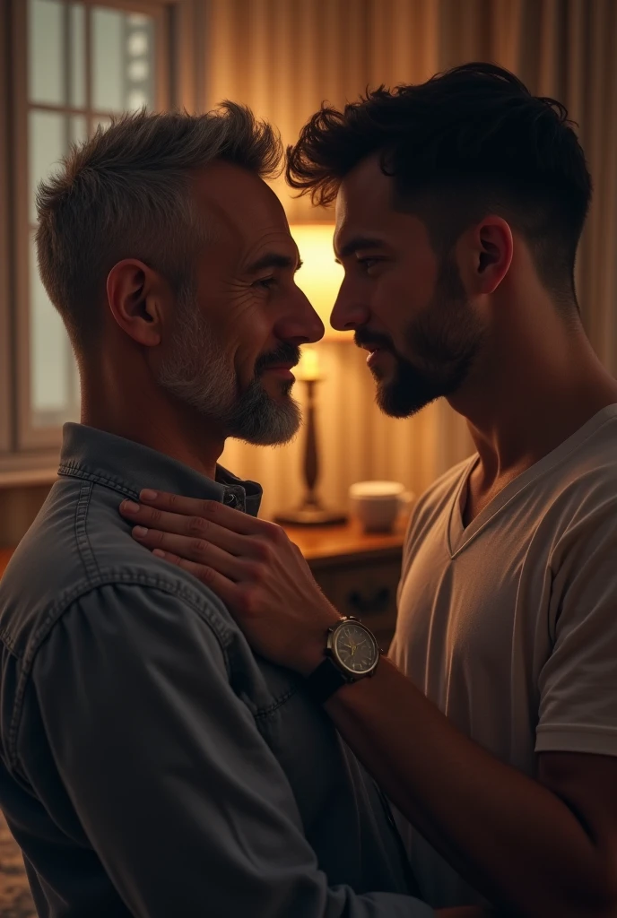 Two men, a new one and an old one, embracing each other in a tender display of affection. The new man's eyes shine with youthful excitement, while the old man's gaze is filled with wisdom and experience. Their skin, finely detailed and realistic, contrasts in texture and tone, reflecting the passage of time. The scene takes place in a softly lit room, with warm colors and a cozy atmosphere. Captured in high resolution, the image is rich in details, with the connection between the two men deeply expressed through their body language. The image, photorealistic in nature, is a masterpiece that beautifully captures the essence of their loving relationship. (Equipment: Canon E
