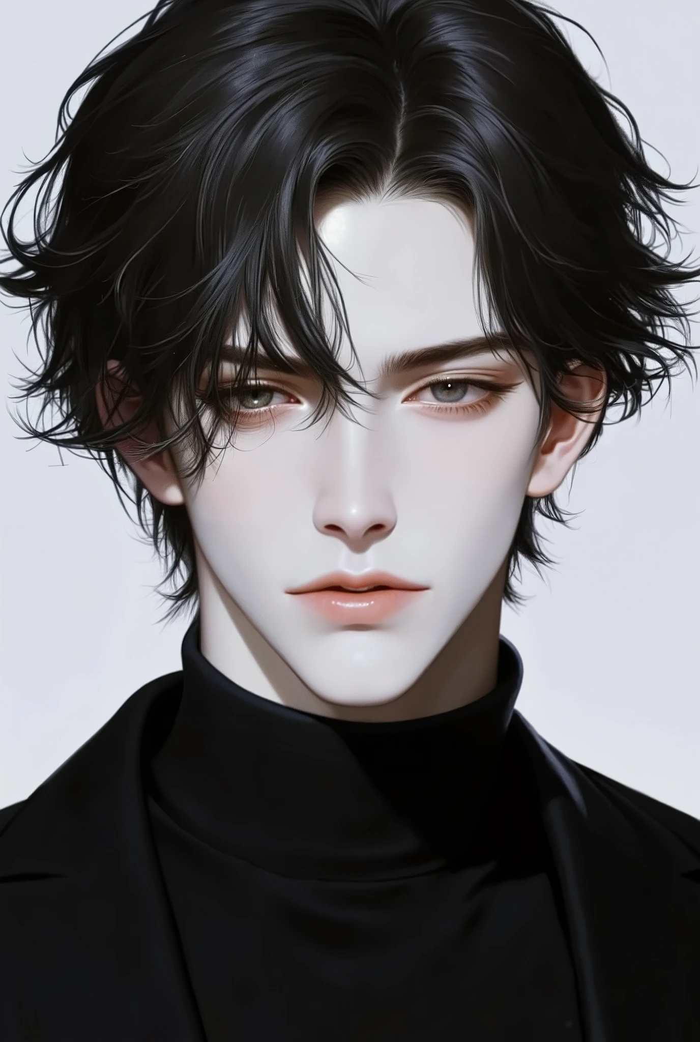 Boy, shoulder-length dark blonde hair, dark blue eyes, sharp features, white skin, shiny light pink lips, very handsome, perfect, wearing a black neck sweater, formal jacket, high resolution, clear colors.