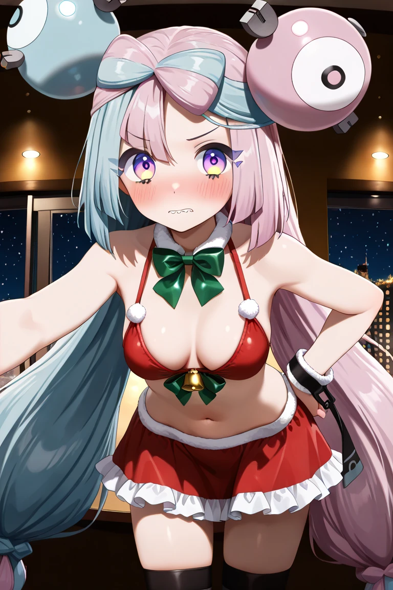 best quality, ultra-detailed masterpiece, nino nakano, blush, smile, (red leotard:1.2), elbow gloves, halter neck,bare shoulders, victory pose, (See-through clothes),