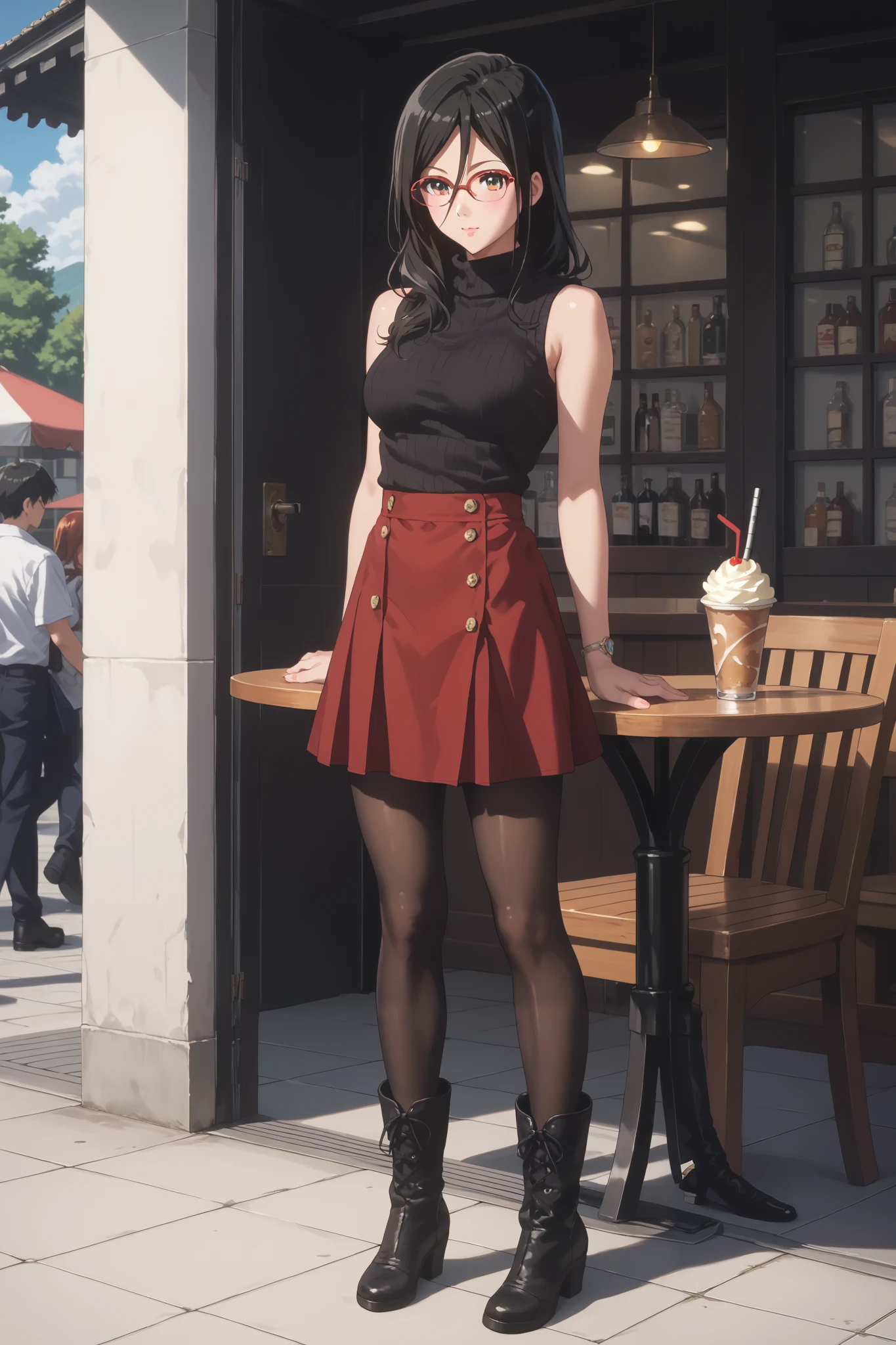(inspired by Asuka Tanaka ),((inspired by  Japanese woman))(masterpiece, best quality),beautiful, beautiful-woman, ((detailed face)).(full body:1.3).,
 The woman is wearing a black sleeveless turtleneck sweater and skirt , black pantyhose,black  boots,1-woman,(red-framed glasses:1.2), black hair, (shoot from front:1.5),The background is cafe