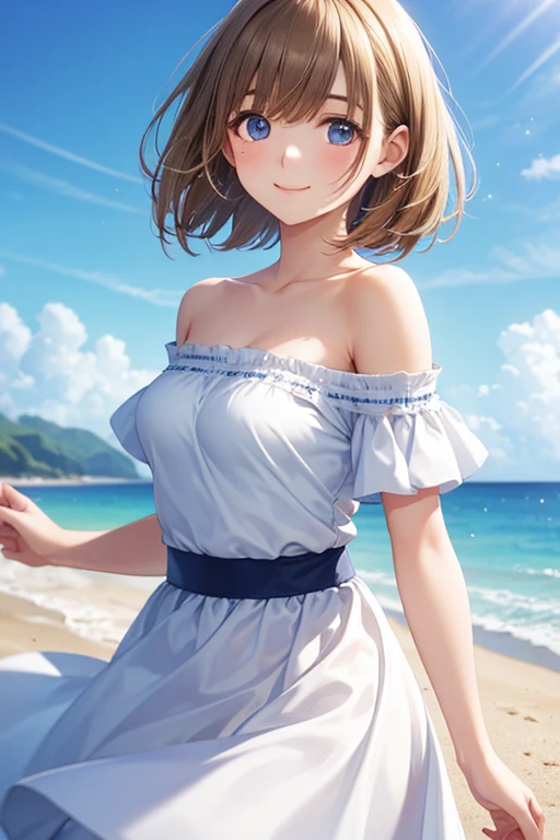 garota, anime, praia, por do sol, caminhada, vestido longo, chapeu de palha, cute, soft smile
