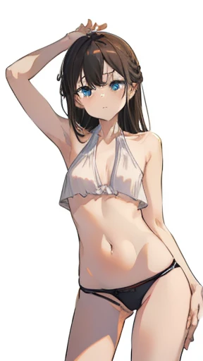 ((white background)), masterpiece, best quality, solo, seductive pose, black micro bikini, dutch angle, thighs,
