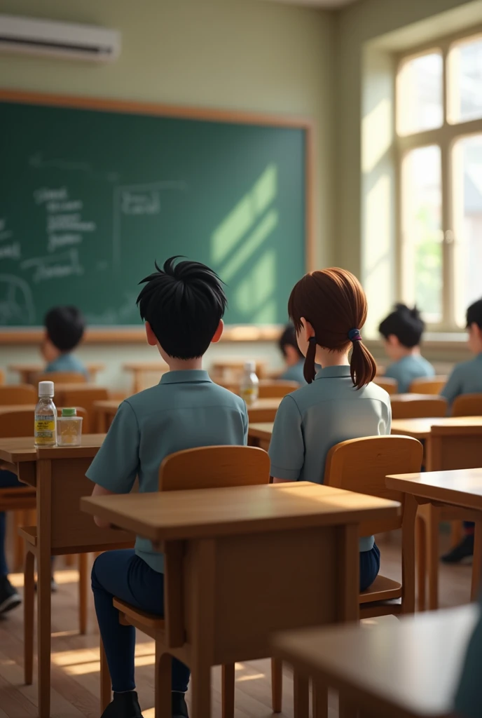 2 student site in class room on the bench and face front side and give me pic back side