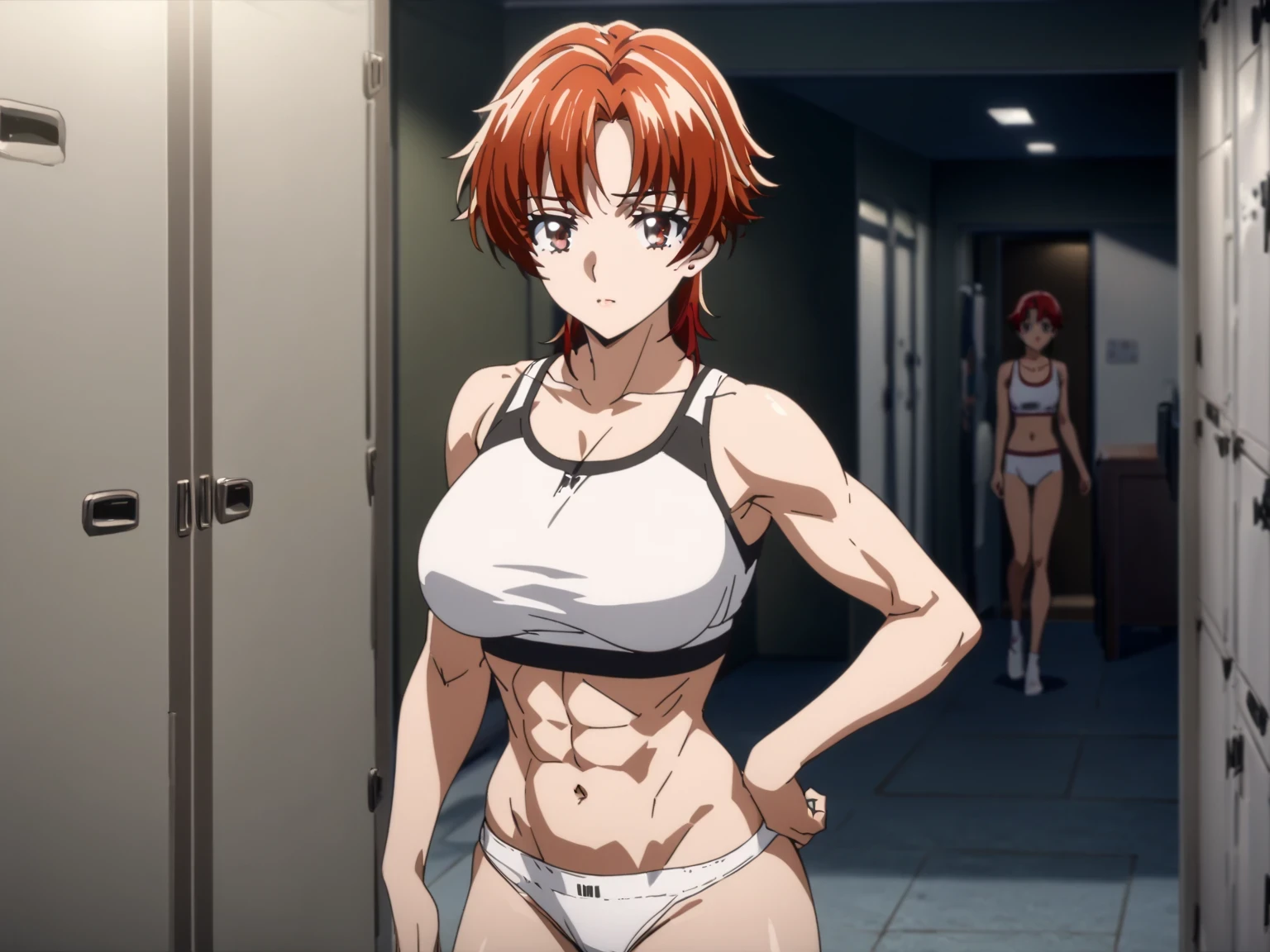 ((1woman)) whole body, standing, gray skin, drow, elf, 1 girl, maduro, purple eyes, by white, black bikini, ABS, Large knockers, tattered rags, chain collar, stomach tattoo (red tattoo)