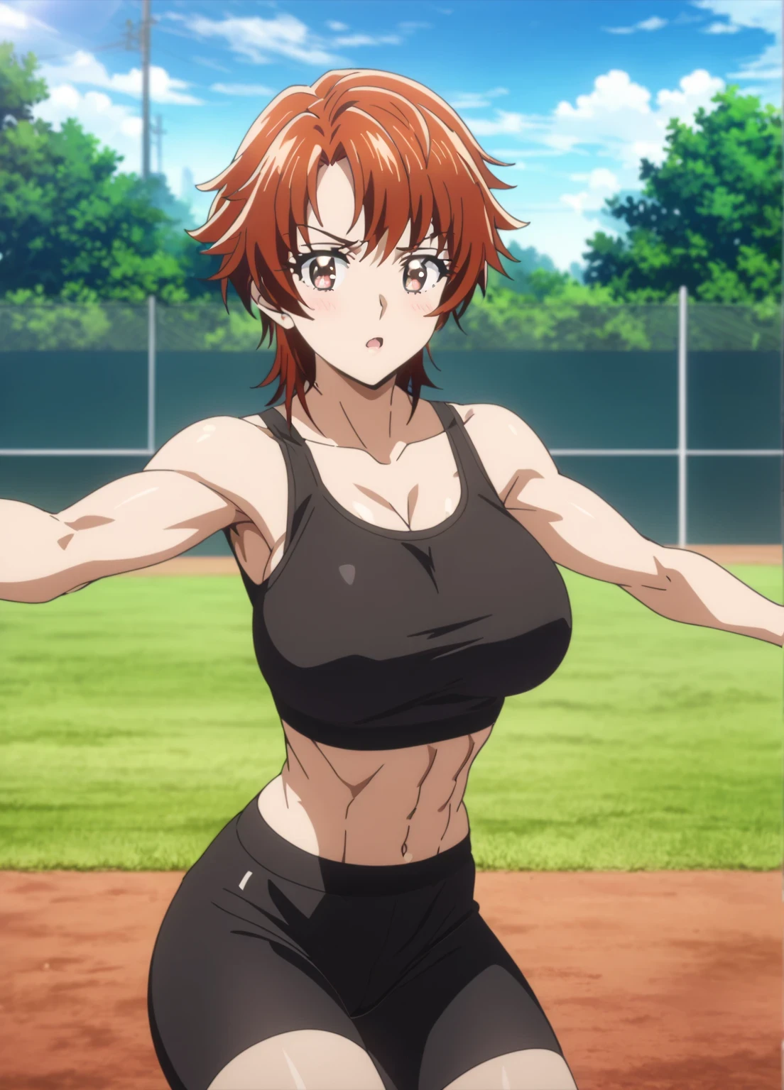Masterpiece, top quality, high resolution, 1girl , a girl in black , Short red hair girl, Brown Eyed Girl , Anime Moe Art Style , clothing: black sports bra, enchanting anime girls, ( anime girl ), Female protagonist , black sports braを着た女の子, boy in black shorts , out doors, sportsground, fence, Cowboy Shots, looking at viewer, Female focus, tomboy atmosphere, made in an anime artist studio, , very , むき出しの肩, Arms, navel, midriff, abs, stomach, collarbone, biceps, triceps, deltoids, thigh muscles, かっこいい anime girl , Anime Best Girl , sports bra with an black, toned body , tight bike shorts, bike shorts with an black, sports bra and bike shorts only, attractive anime girl ,