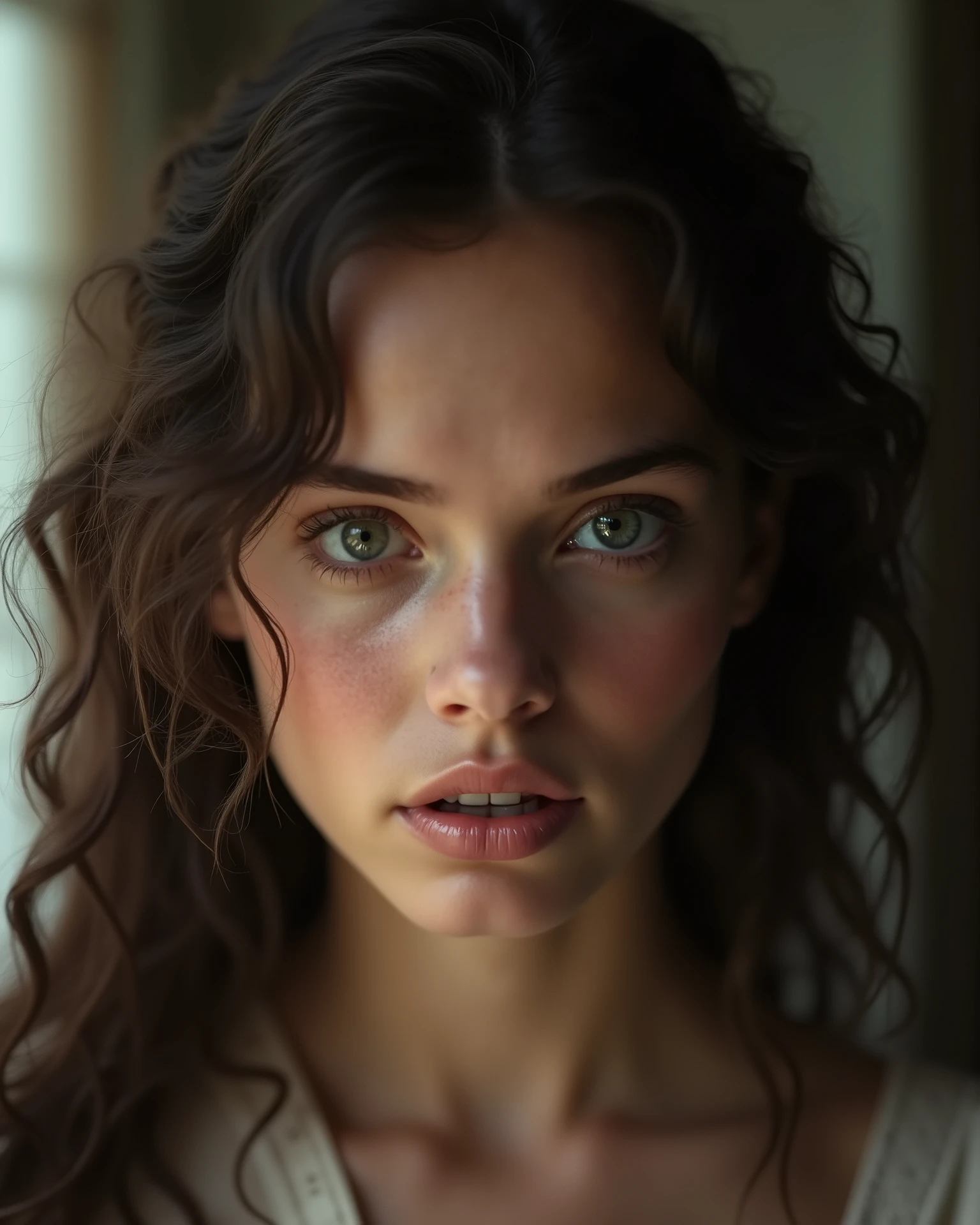 Super detailed image of a woman, light softly frames her delicate face , giving her an angelic look . Her expressive eyes are full of innocence and surprise , adding a sense of purity and softness to her image . She is wearing a simple white dress , enhances the softness of her aesthetic , as if she thought . The background is minimal and softly lit , with cool tones , that add a serene and peaceful atmosphere , allowing her gentle features and soft gaze to stand out .