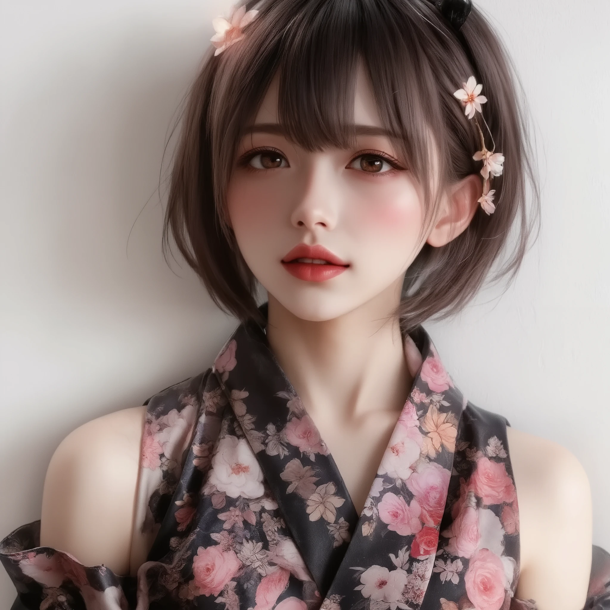 Masterpiece, highest quality, ultra-detailed, photo-realistic depiction, intimate and cinematic composition, blushing girl in intricately embroidered floral yukata, her bashful expression captured with vivid precision, her soft, short dark brown hair elegantly styled with delicate cherry blossom hairpins, her gentle and demure pose leaning against a white wall, depiction focused on her upper body and perfectly captured head