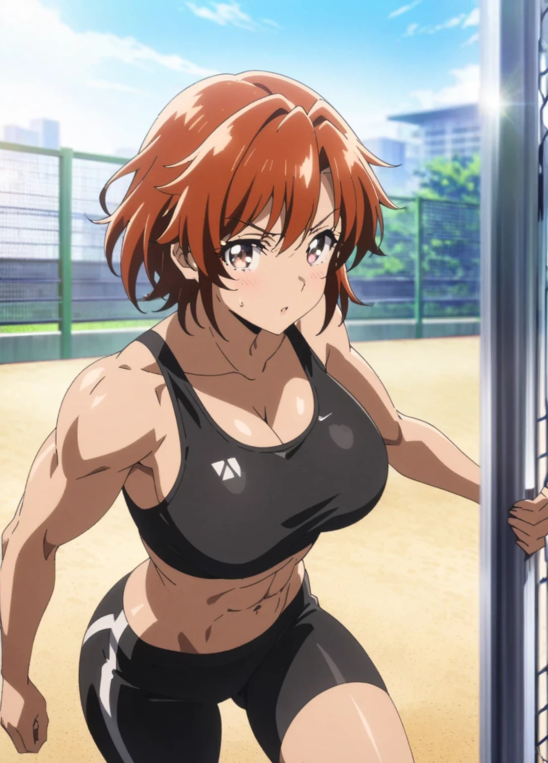 (masterpiece, best quality), 1girl, solo, looking at viewer,
<lora:Ratetaso-v1:0.95>, thick thighs,
upper body, portrait,
from side, from above,
grin, teeth, smile,
coral hair, big hair, crossed bangs, Short Messy Hair with High Fade,
gray eyes, tsurime,
small breasts,
leggings, tank top, gym outfit, sleeveless, sideboob, sneakers, collarbone,
cute pose,
night,