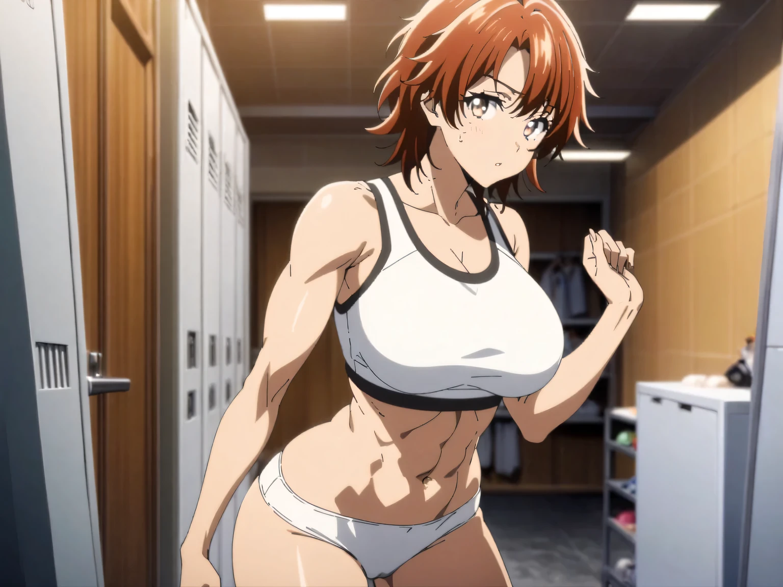 best quality, masterpiece:1.2, ultra-detailed, realistic:1.37, gymnasium store, 1 girl, looking back, vaulting horse, balls, vivid colors, sharp focus, professional lighting, fine painting, physical workout equipment, fitness accessories