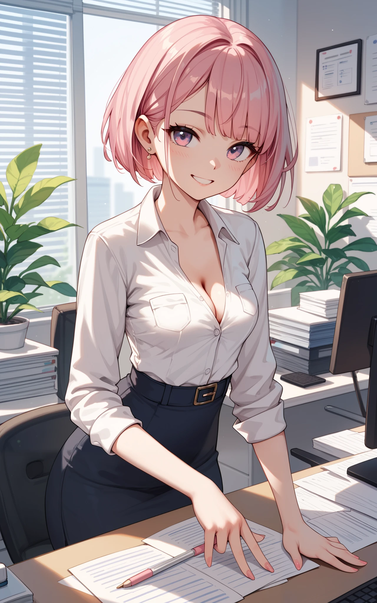 female, pink hair, diagonal bangs, one-length haircut, short hair, Office, Office Worker, Smile, Small Breasts, anime, 