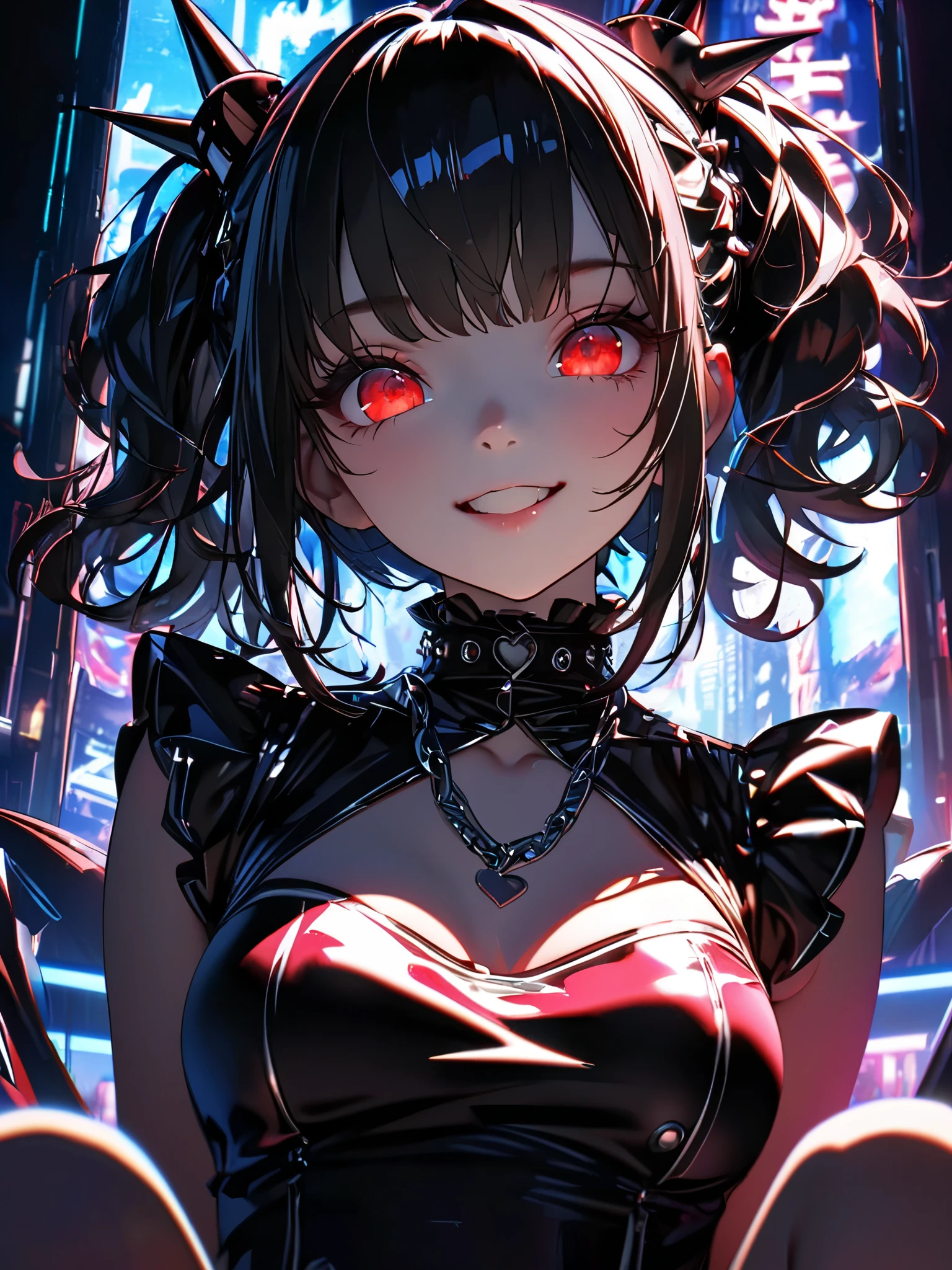 Anime girl with red eyes and black dress in a city - SeaArt AI