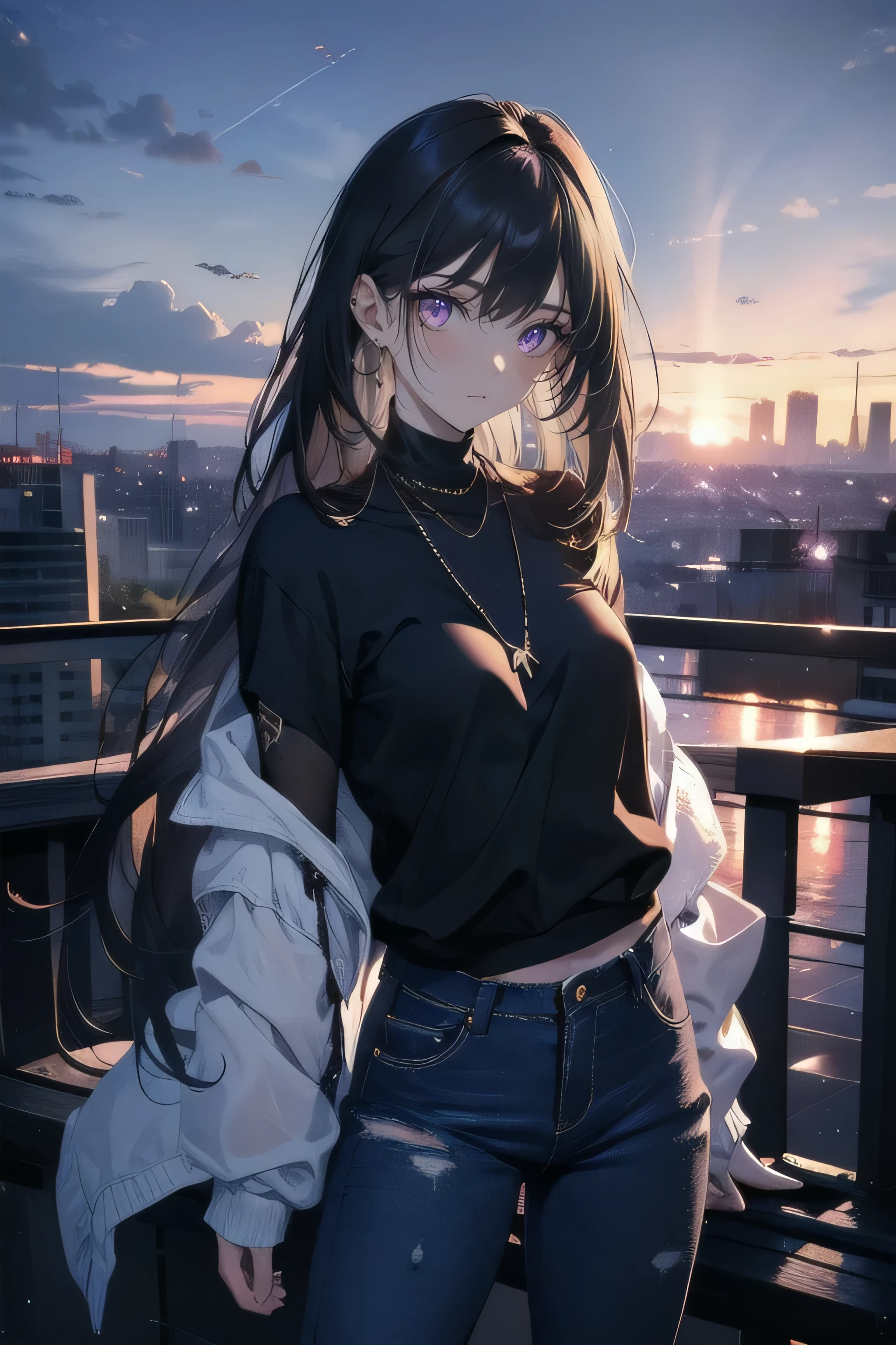 Anime girl with long hair and black shirt standing on a balcony - SeaArt AI