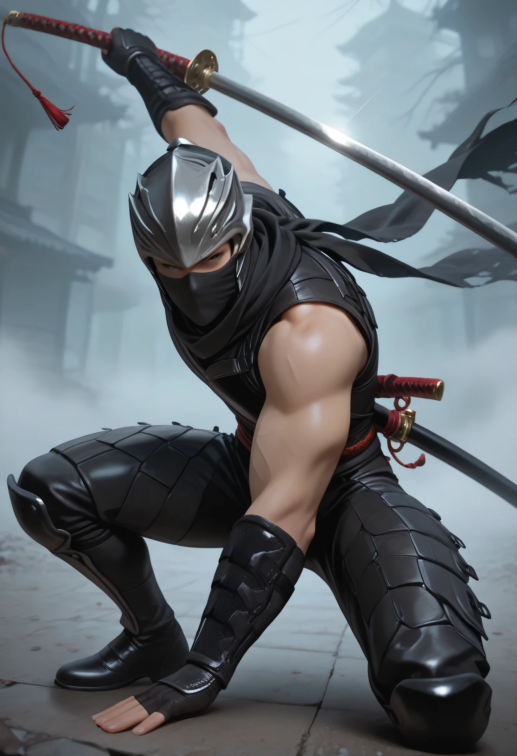 masterpiece, best quality, newest, absurdres, highres, HYBSRYNG, helmet, mouth mask, black scarf, black clothes, armor, sleeveless, arm guards, fingerless gloves, black boots, sheathed, fog, katana, dynamic pose, looking at viewer,holding weapon, 1boy, solo, ninja ceremony