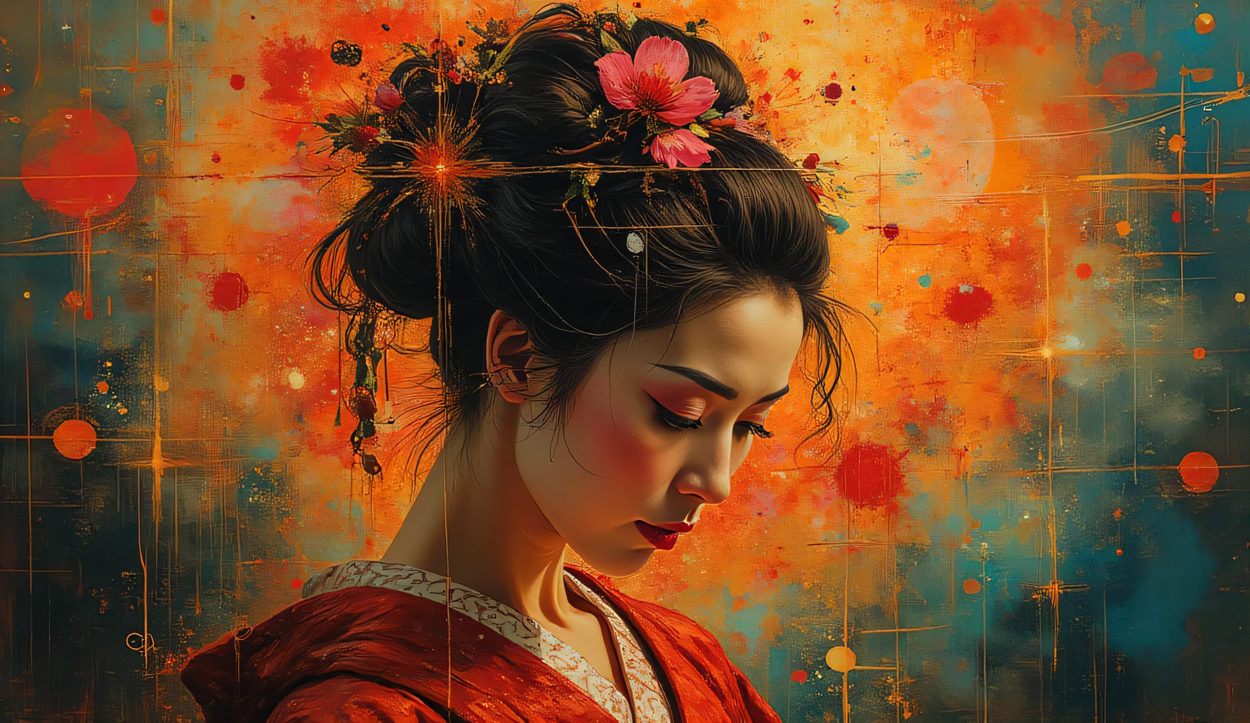 Beautiful Geisha , double exposure with blossom, glowing outer space background, dark hair, dark fantasy, intricate details, hyper detailed, Jean Baptiste Monge, Carne Griffiths, Michael Garmash, seb McKinnon, masterpiece, volumetric light, artistic close-up of traditional Japanese kanzashi hair pins in elaborate updo, modern interpretation with explosive paint drips in gold and crimson, surreal double exposure merging geometric patterns, thick impasto brushstrokes, moody chiaroscuro lighting