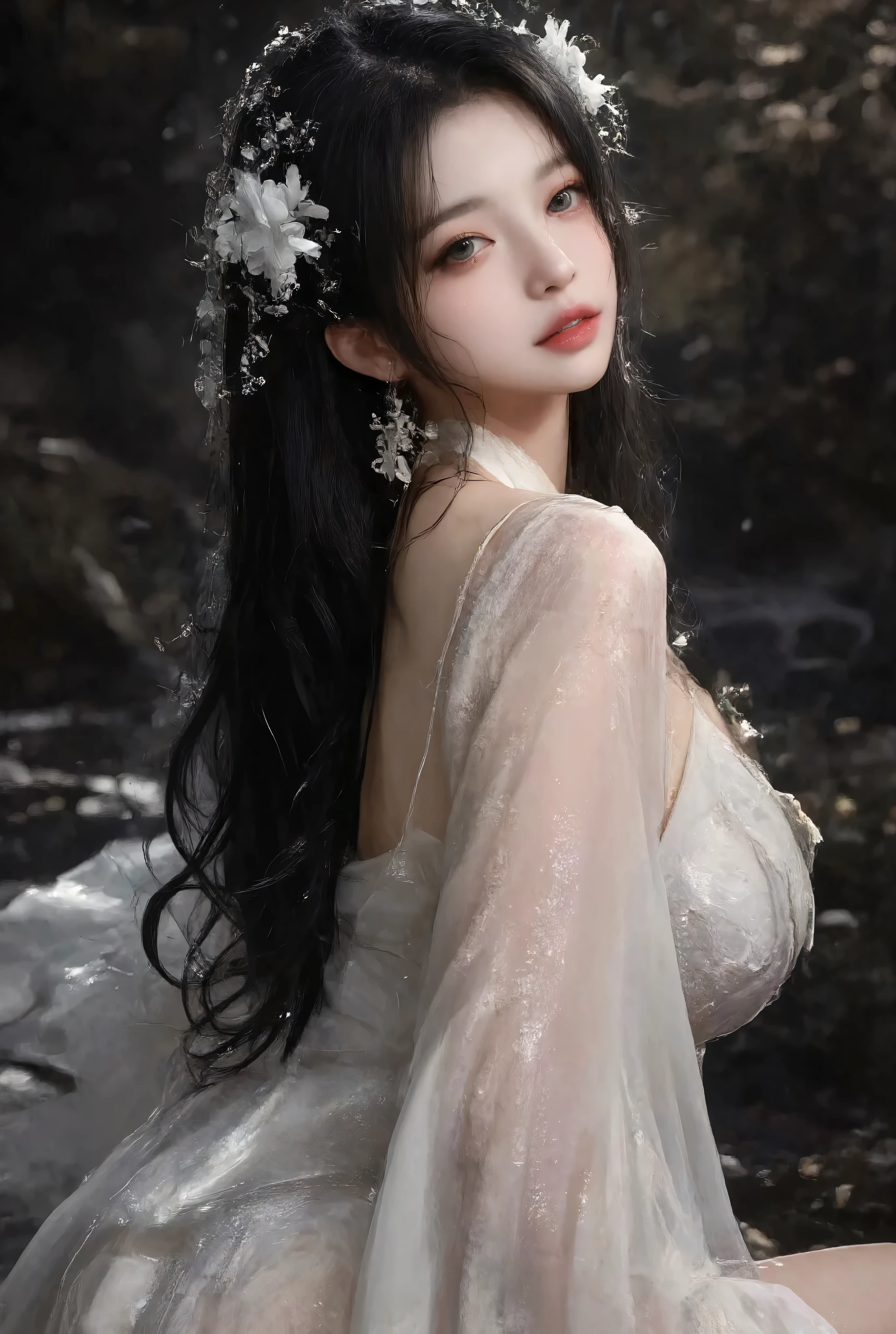 on dark background ,High-quality photography, wet texture,frost, studio photography ,engraving,Shallow depth of field,Vignette, super detailed,High Budget,Bokeh,Wide cinema ,epic,Colorful,whole body, film grain , long black slightly curly hair,Standing by the lake,Delicate and shiny skin ,(((Little white flower headdress on the left))),Side to side and look at the camera ,Black and white translucent ancient Hanfu