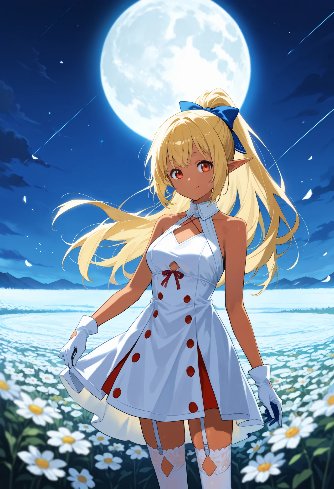  score_9,  score_8_ up the side,  score_7_ up the side,  source_Anime,  1 girl, Alone, flared base  , Dark Skin,  long hair,  high ponytail, hair bow,  halter neck,  Detachable Collar , white dress,  shoulder out, Chest, Clothing cutout,  red ribbon,  Blue Ribbon,   detach sleeve ,  white gloves,   garter strap ,  white knee-highs,  standing , Outdoors,  Flower Field ,  moon, smile, 