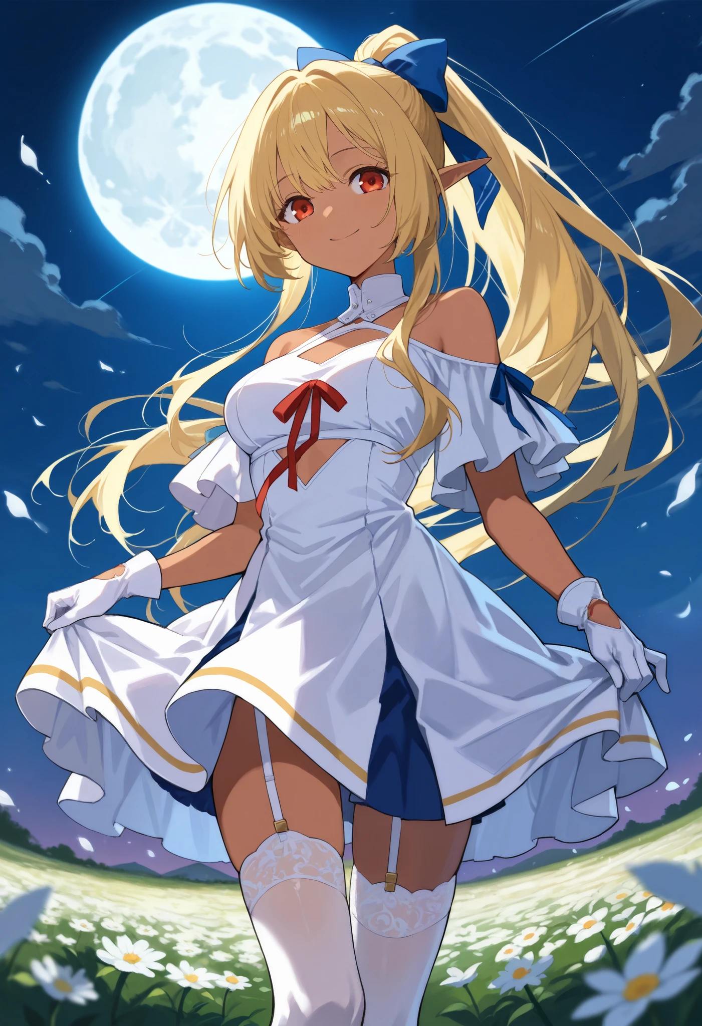  score_9,  score_8_ up the side,  score_7_ up the side,  source_Anime,  1 girl, Alone, flared base  , Dark Skin,  long hair,  high ponytail, hair bow,  halter neck,  Detachable Collar , white dress,  shoulder out, Chest, Clothing cutout,  red ribbon,  Blue Ribbon,   detach sleeve ,  white gloves,   garter strap ,  white knee-highs,  standing , Outdoors,  Flower Field ,  moon, smile, 