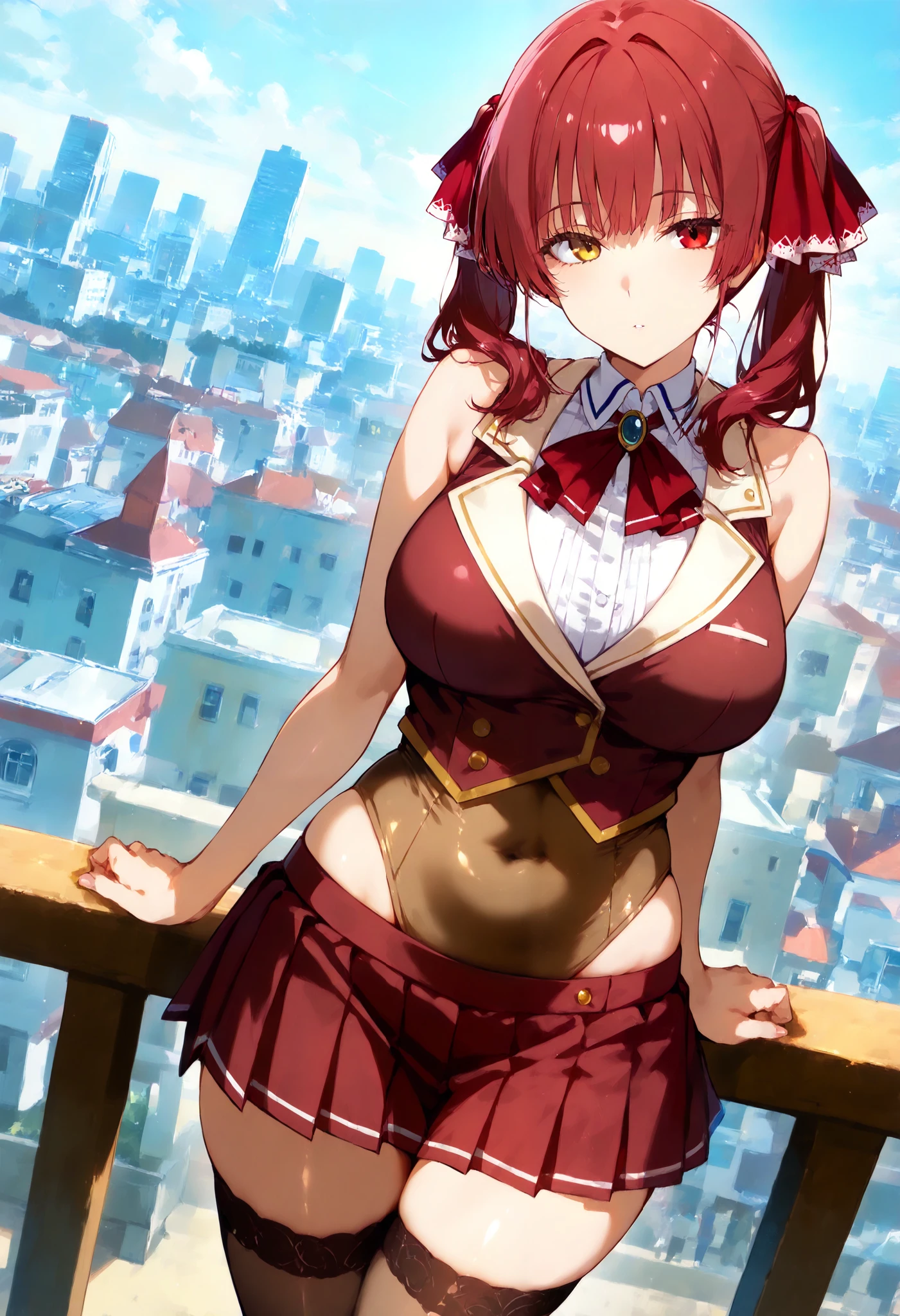 score_9, score_8_ up the side, score_7_ up the side, source_Anime,
Marin House , Marine Houshou, Red Hair, twin tails, heterochromia, red eyes, yellow eyes, hair ribbon, mature woman,
shoulder out, brown leotard, brown thigh high socks , Cover Navel , cropped jacket , grey shirt, jacket , leotard, leotard under clothes, pleated skirt, red jacket , red ribbon, red skirt, ribbon, shirt, skirt, sleeveless, sleeveless jacket , sleeveless shirt, thigh high socks ,
Outdoors, cityscape ,
stares at the viewer, Dutch angle, cowboy shot,