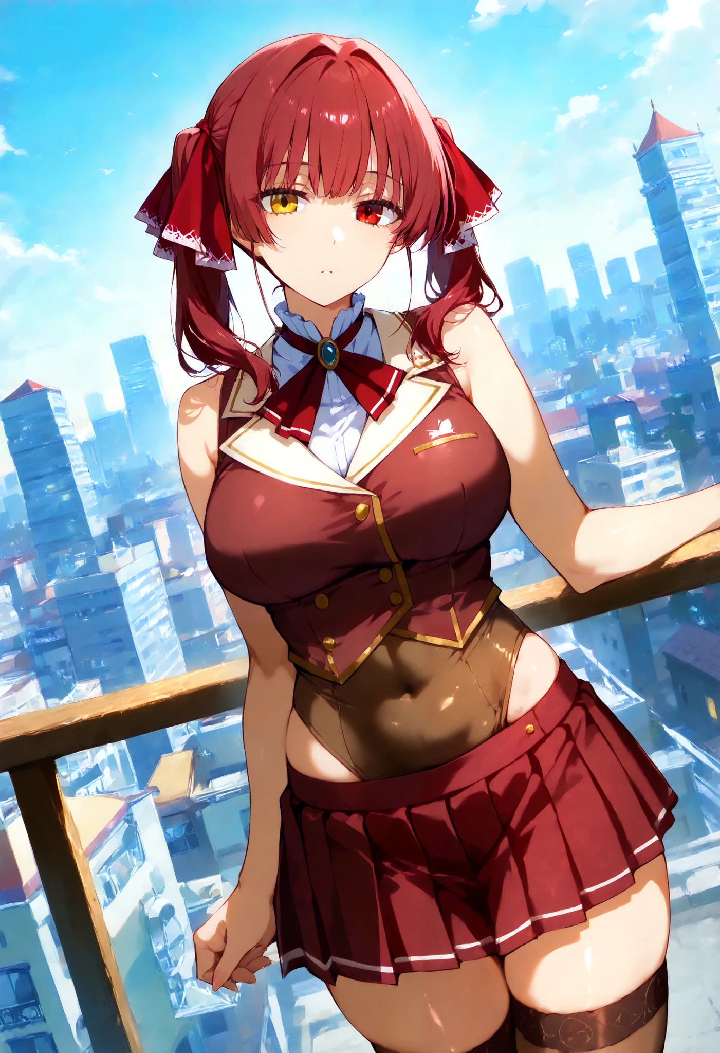 score_9, score_8_ up the side, score_7_ up the side, source_Anime,
Marin House , Marine Houshou, Red Hair, twin tails, heterochromia, red eyes, yellow eyes, hair ribbon, mature woman,
shoulder out, brown leotard, brown thigh high socks , Cover Navel , cropped jacket , grey shirt, jacket , leotard, leotard under clothes, pleated skirt, red jacket , red ribbon, red skirt, ribbon, shirt, skirt, sleeveless, sleeveless jacket , sleeveless shirt, thigh high socks ,
Outdoors, cityscape ,
stares at the viewer, Dutch angle, cowboy shot,