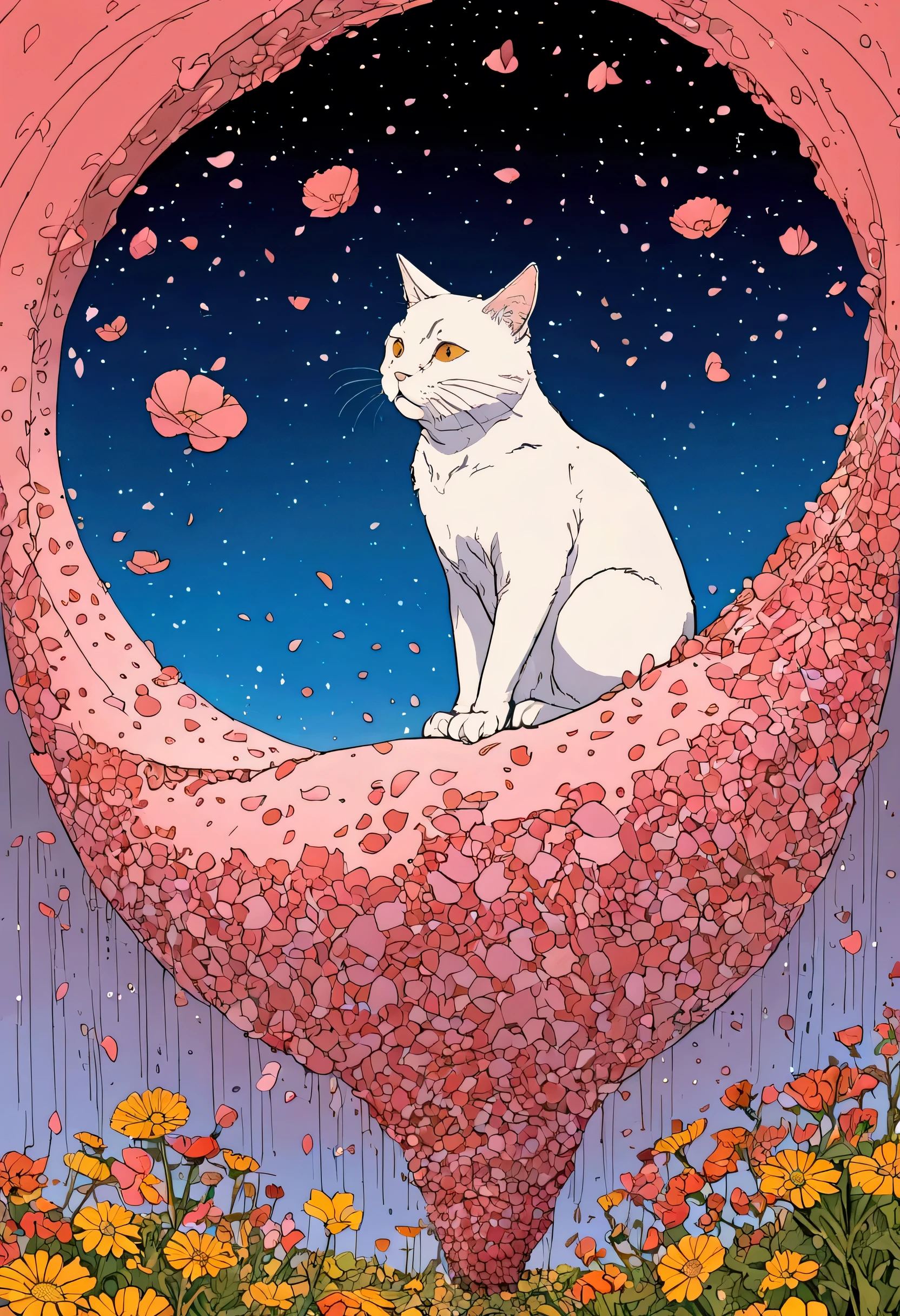 The Inner Spiritual World of Psychopaths、Fine Lines、 SIMPLE 、 Flowers Dance 、Crumbling Petals 、((Cat dances:1.4))、 Rain of Petals Pours 、moebiusの絵画からインスパイアされたイラストレーション、、an ink drawing inspired by jean moebius giraud, Tumbler, bolticism , ( moebius ), moebiusとモーブハッカー , moebius風, moebiusのイラストレーションアート , in the stlye of moebius, moebius Art , moebius Art work