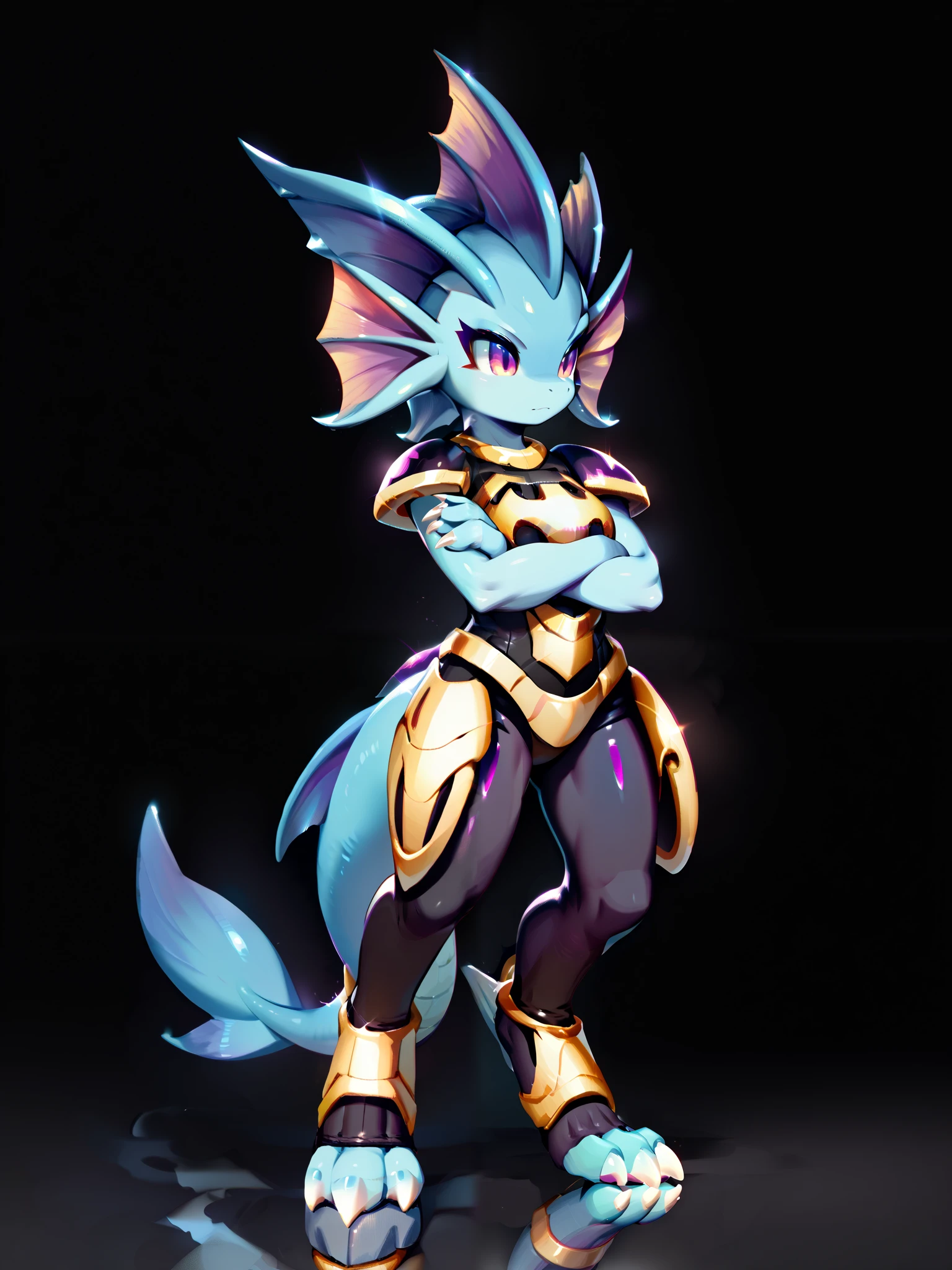 Anime, ((anime style)), solo drawing, solo, ((Three-Quarter view)), ((Solid Black Background)), ((vivid purple eyes)), ((draconic ear fins)), ((head fin)), ((tall figure)), ((standing with arms folded)), ((digitigrade legs)), ((digitigrade feet)), ((highly detailed anime style)), clean lines, claws, Merga from freedom planet 2, female, light armor, blue skin, black armor with gold trim, white claws, short muzzle, leg armor, ankle armor, black leggings under armor