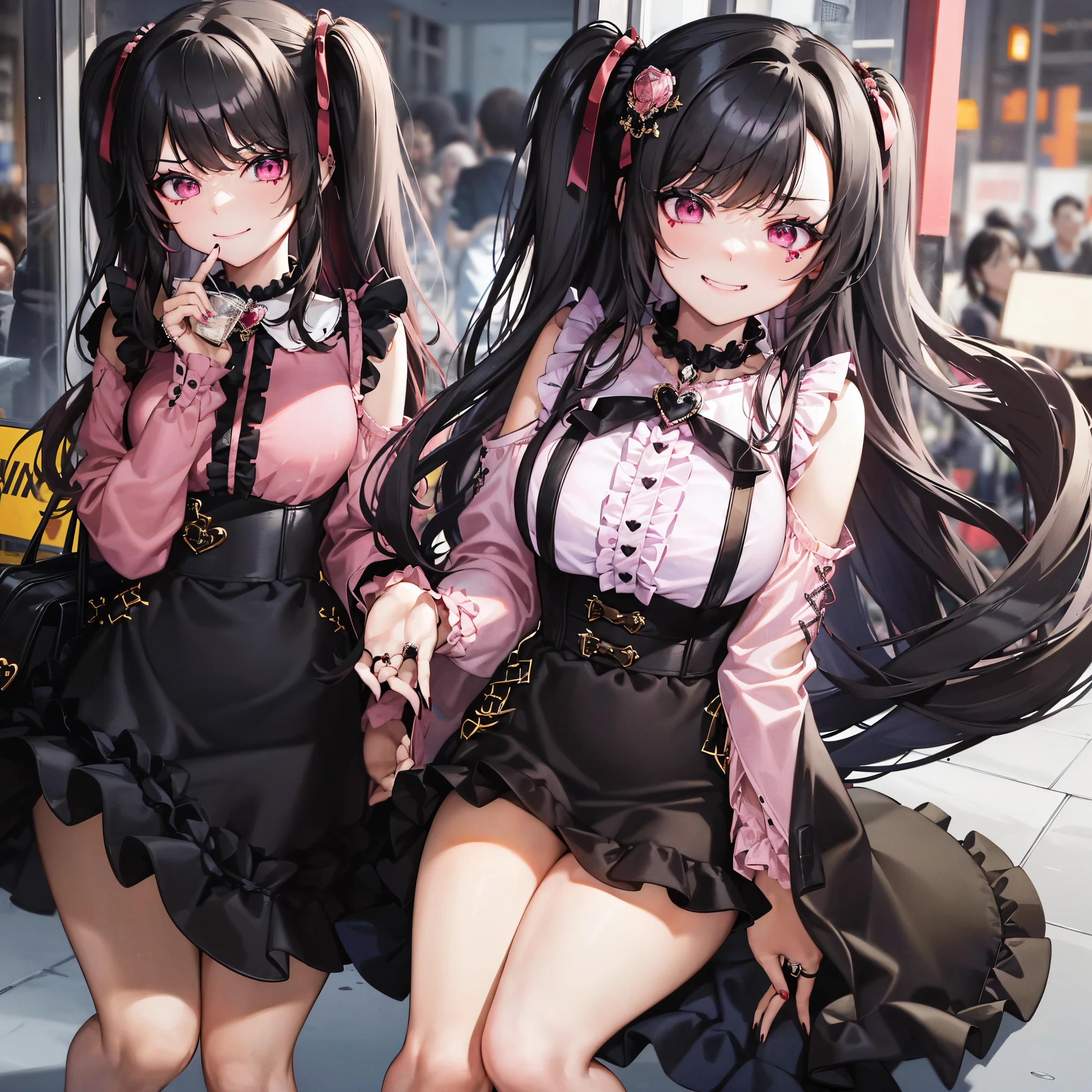 ( top quality)),( super A high resolution),( Super detail),(Detailed depiction),((Best Photos)),( Best Works of Art ), Ultra Precision Art , amazing depiction of art , ( 1 woman:1.3), Composition that reflects the whole body,in the street  in the night city,detailed bills behind,Jirai girls,Alone, (black hair, pink hair, two-tone hair), long hair, two side up, black hair bow, jirai kei, (cross-laced clothes, pink shirt, long sleeves, frilled sleeves),frill, black bowtie, black belt,black skirt,Luxurious pink and black head dress with frills and ribbons,black lace tights,frilled white long socks,black long boots,laced bloods ,details headdress, detailed dress, red eyes,heart eyes, heart brooch, heart earrings, ring, nail polish, pink nails, black nails, black choker,A plump quilted Black leather bag in the hand,She's staring at the camera with a greedy face,evils smile,lift one leg,