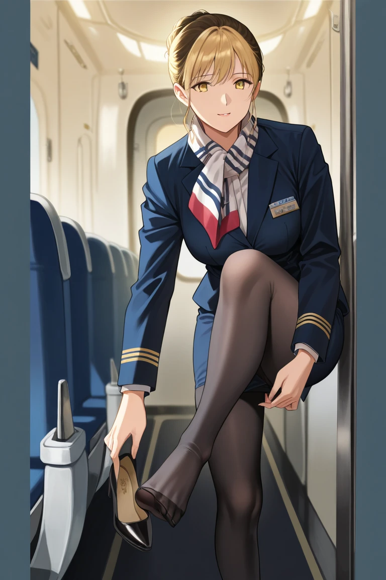 masterpiece, best quality, 1 girl, solo, 25 years old, small breasts, ingridms, hairpods, gloves, skirt, pantyhose, bow, dress, black pantyhose, black panties under pantyhose, airplane interior, looking through legs,