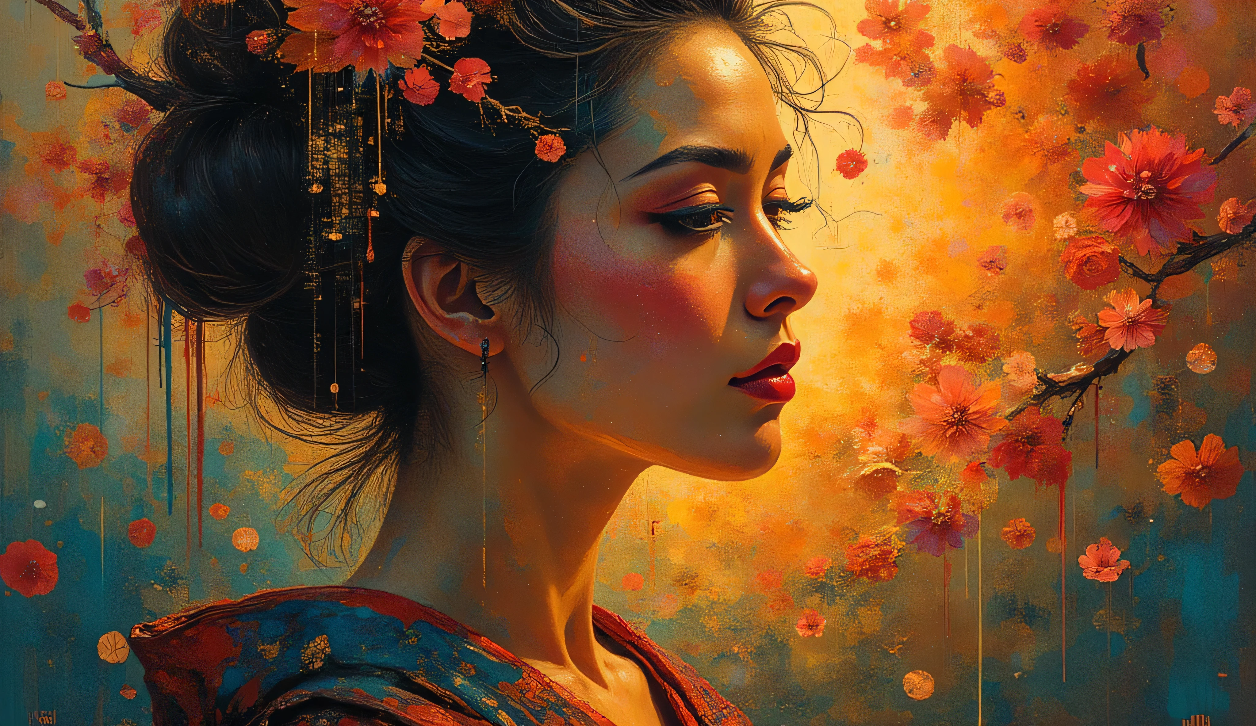 Beautiful Geisha , double exposure with blossom, glowing outer space background, dark hair, dark fantasy, intricate details, hyper detailed, Jean Baptiste Monge, Carne Griffiths, Michael Garmash, seb McKinnon, masterpiece, volumetric light, interpretation with explosive paint drips in gold and crimson, surreal double exposure merging geometric patterns, thick impasto brushstrokes, moody chiaroscuro lighting