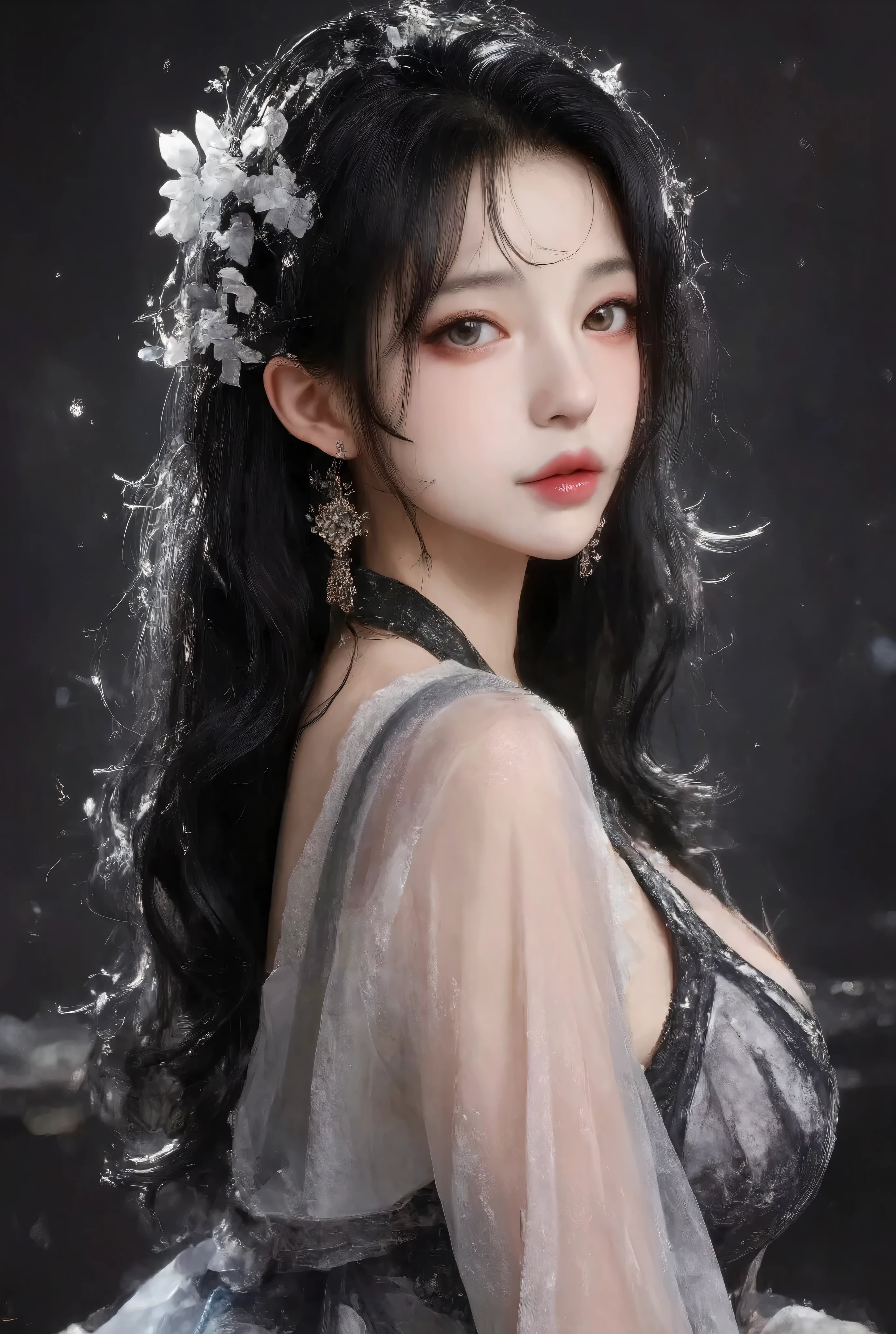 on dark background ,High-quality photography, wet texture,frost, studio photography ,engraving,Shallow depth of field,Vignette, super detailed,High Budget,Bokeh,Wide cinema ,epic,Colorful,whole body, film grain , long black slightly curly hair,Standing by the lake,Delicate and shiny skin ,(((Little white flower headdress on the left))),Side to side and look at the camera ,Black and white translucent ancient Hanfu