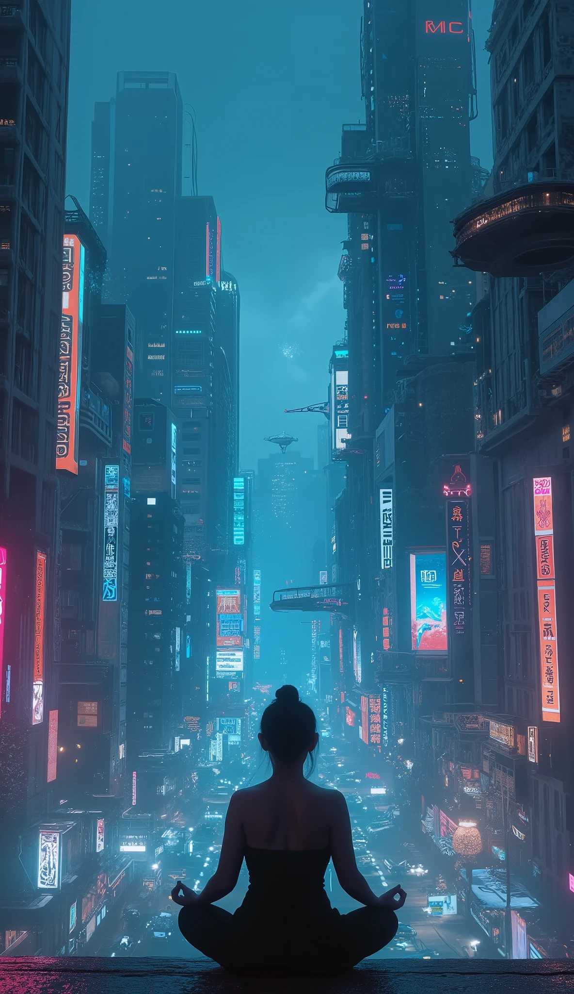 , Meditation in the middle of the big city, Cyberpunk Town, Cyberpunk Meditation